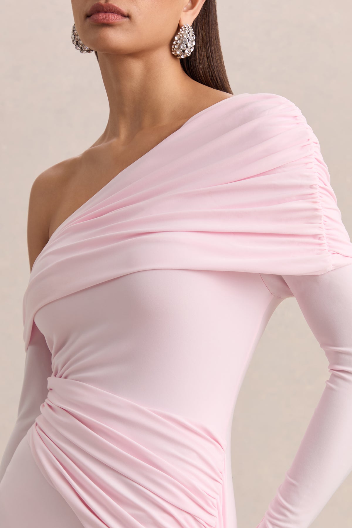 women's light pink arabian dance dress Savita Light Pink Ruched Asymmetric Mini Dress With Drape – Club L London
