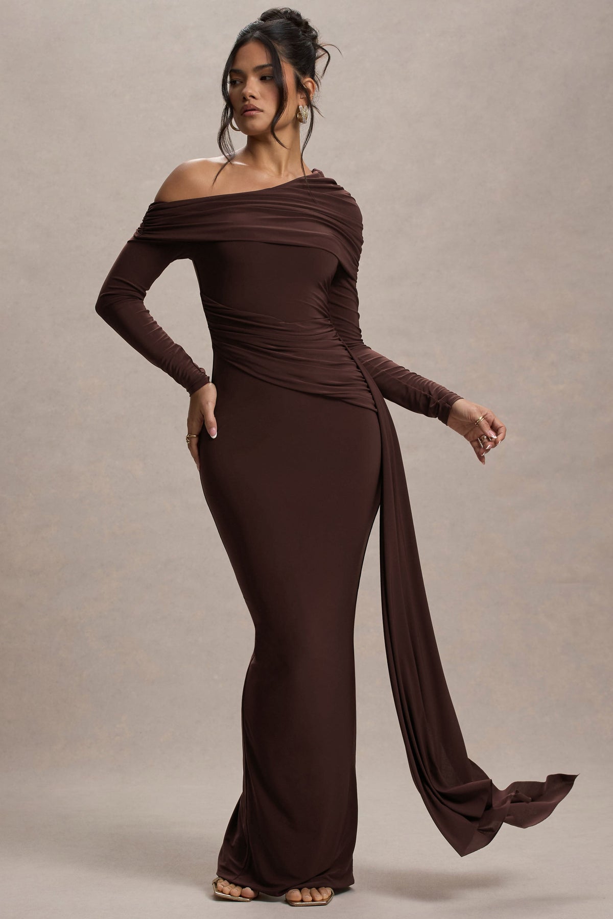 Valina Brown Ruched Asymmetric Maxi Dress With Drape – Club L London