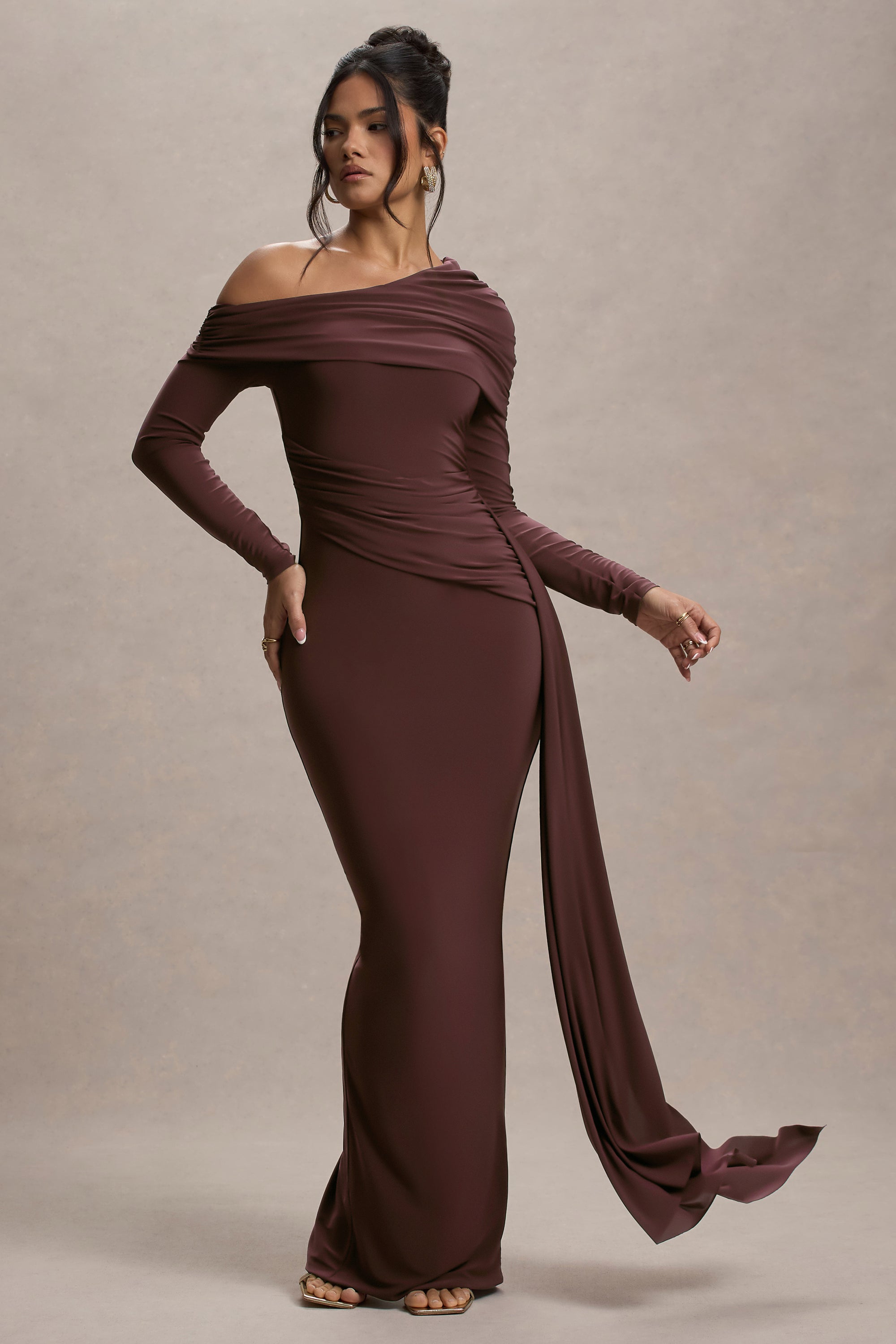 ruched asymmetrical dress Asymmetric Off-Shoulder Maxi this floor Valina | Brown Ruched Asymmetric