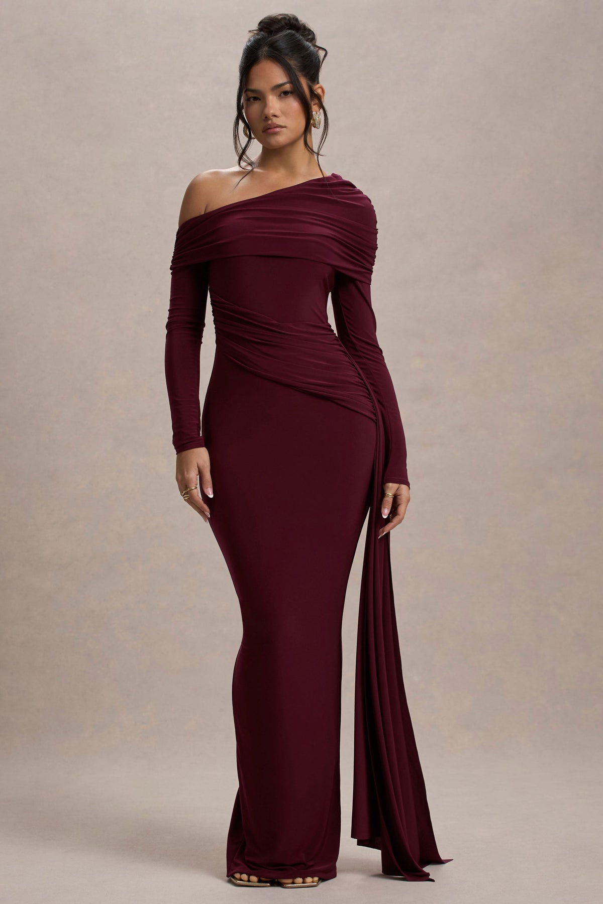 Valina | Burgundy Ruched Asymmetric Maxi Dress With Drape, US 6 / Burgundy Valina | Burgundy Ruched Asymmetric Maxi Dress With Drape, US 6 / Burgundy