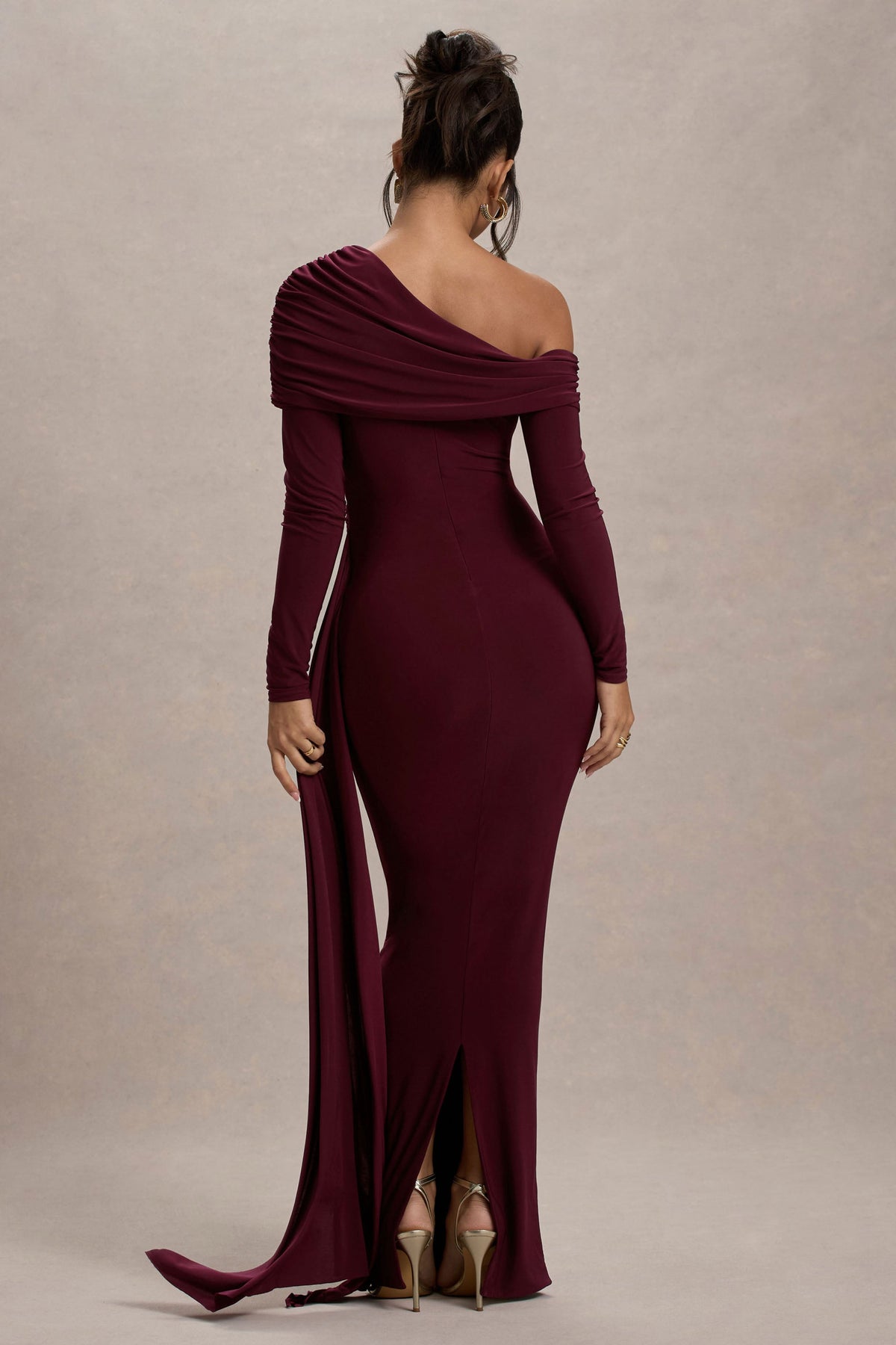 Valina | Burgundy Ruched Asymmetric Maxi Dress With Drape US 2 / Burgundy Valina | Burgundy Ruched Asymmetric Maxi Dress With Drape US 2 / Burgundy