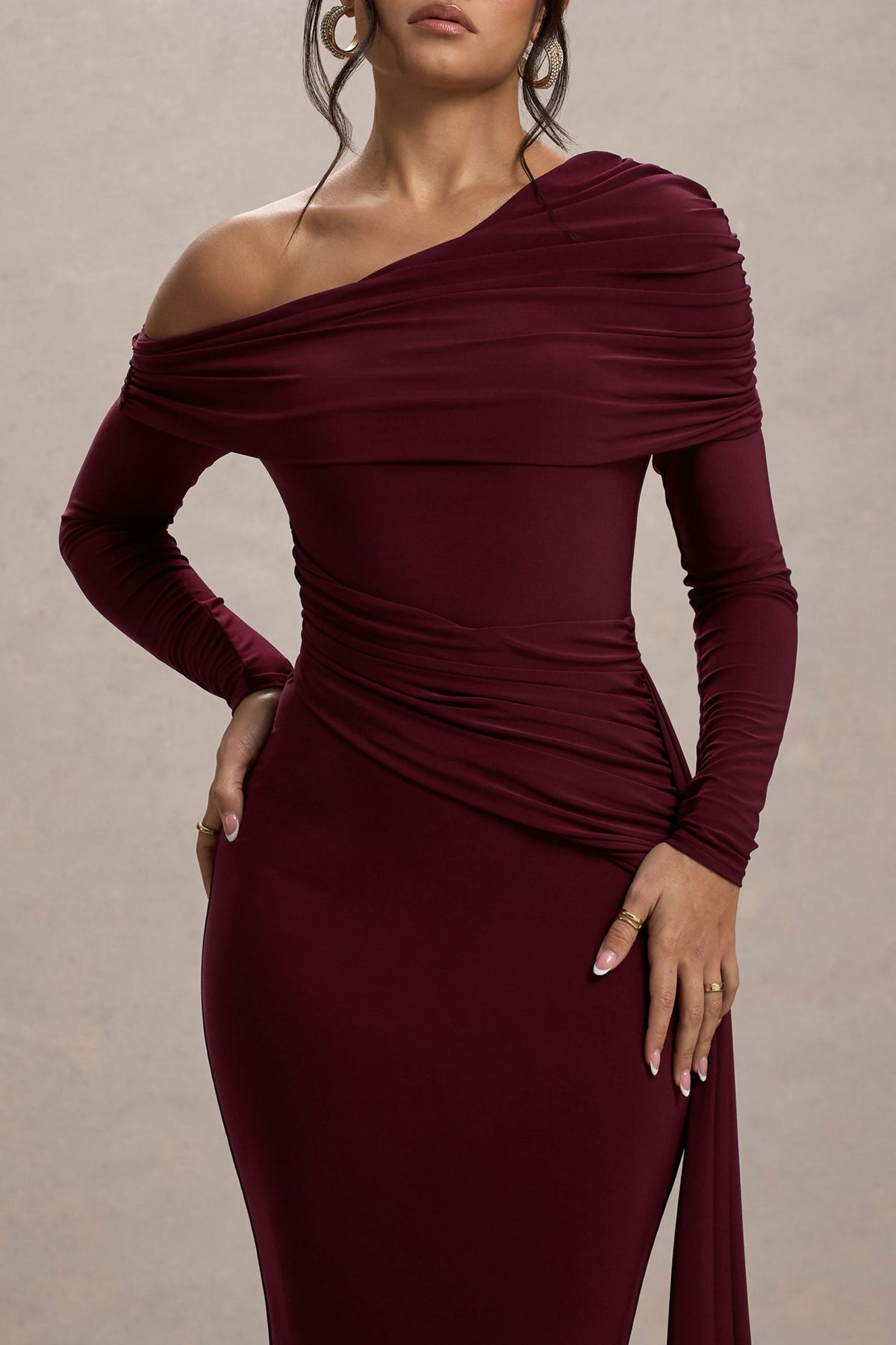 Valina | Burgundy Ruched Asymmetric Maxi Dress With Drape, US 6 / Burgundy Valina | Burgundy Ruched Asymmetric Maxi Dress With Drape, US 6 / Burgundy
