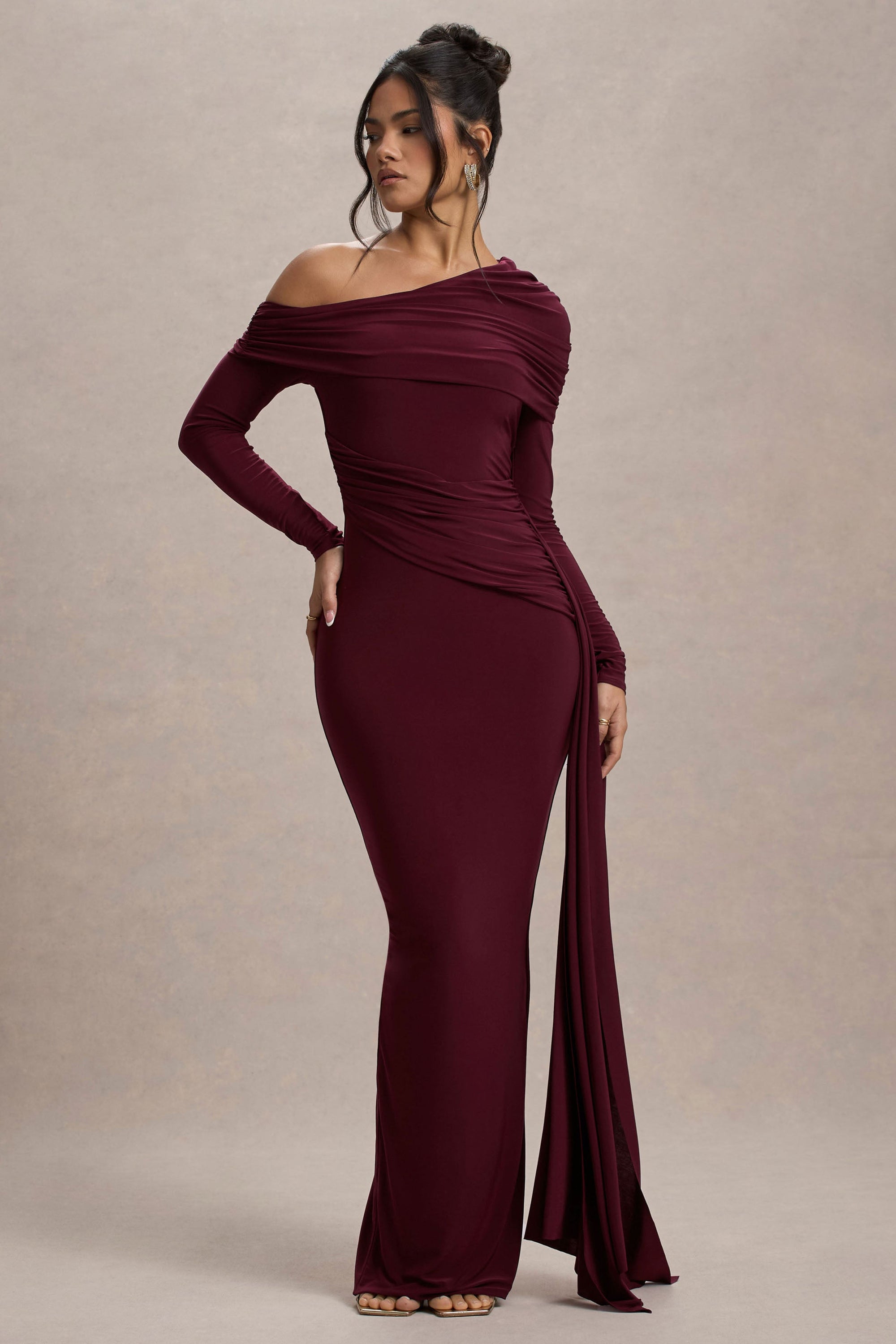 long burgundy dress cheap A-line Burgundy Satin Long Sleeves Appliques Long Evening Prom Dresses, Cheap Custom Prom Dresses, MR7831