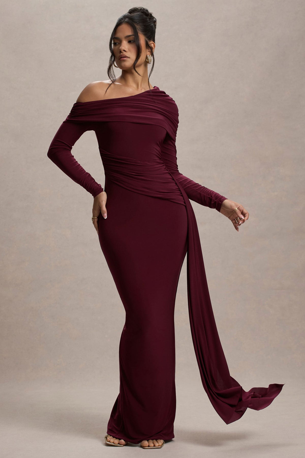 Valina | Burgundy Ruched Asymmetric Maxi Dress With Drape, US 6 / Burgundy Valina | Burgundy Ruched Asymmetric Maxi Dress With Drape, US 6 / Burgundy