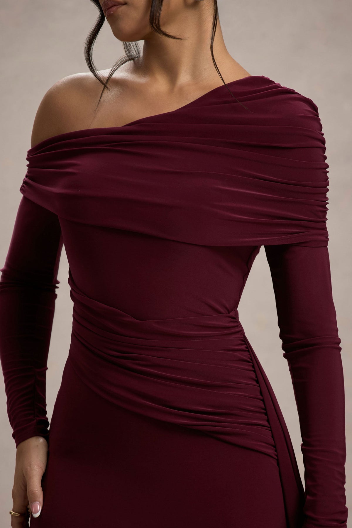 Valina | Burgundy Ruched Asymmetric Maxi Dress With Drape, US 6 / Burgundy Valina | Burgundy Ruched Asymmetric Maxi Dress With Drape, US 6 / Burgundy