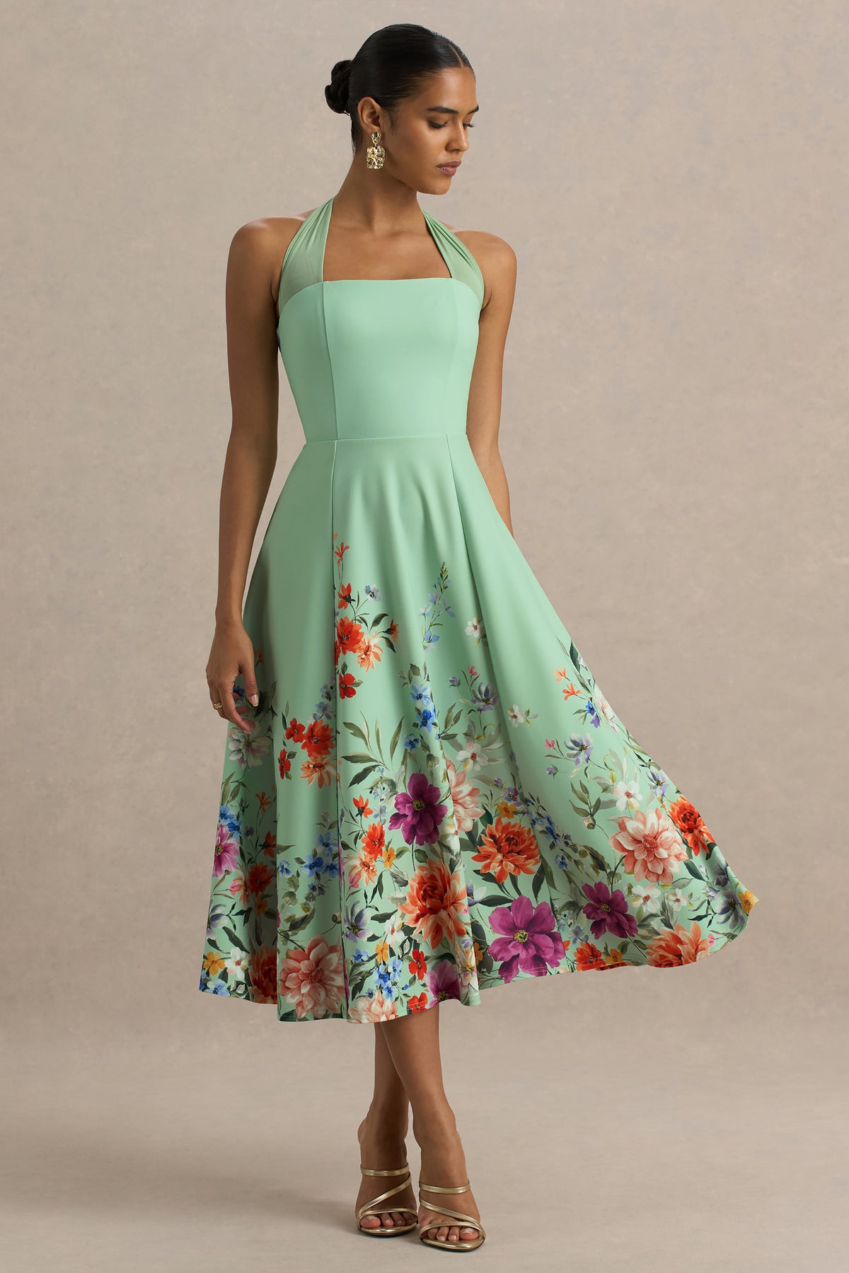 Auburn | Mint Placement Floral Halter-Neck Midi Dress - UK 6 GREEN Floral BORDER PRINT Auburn | Mint Placement Floral Halter-Neck Midi Dress - UK 6 GREEN Floral BORDER PRINT