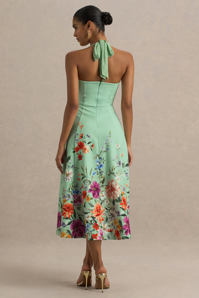 Auburn | Mint Placement Floral Halter-Neck Midi Dress - UK 6 GREEN Floral BORDER PRINT