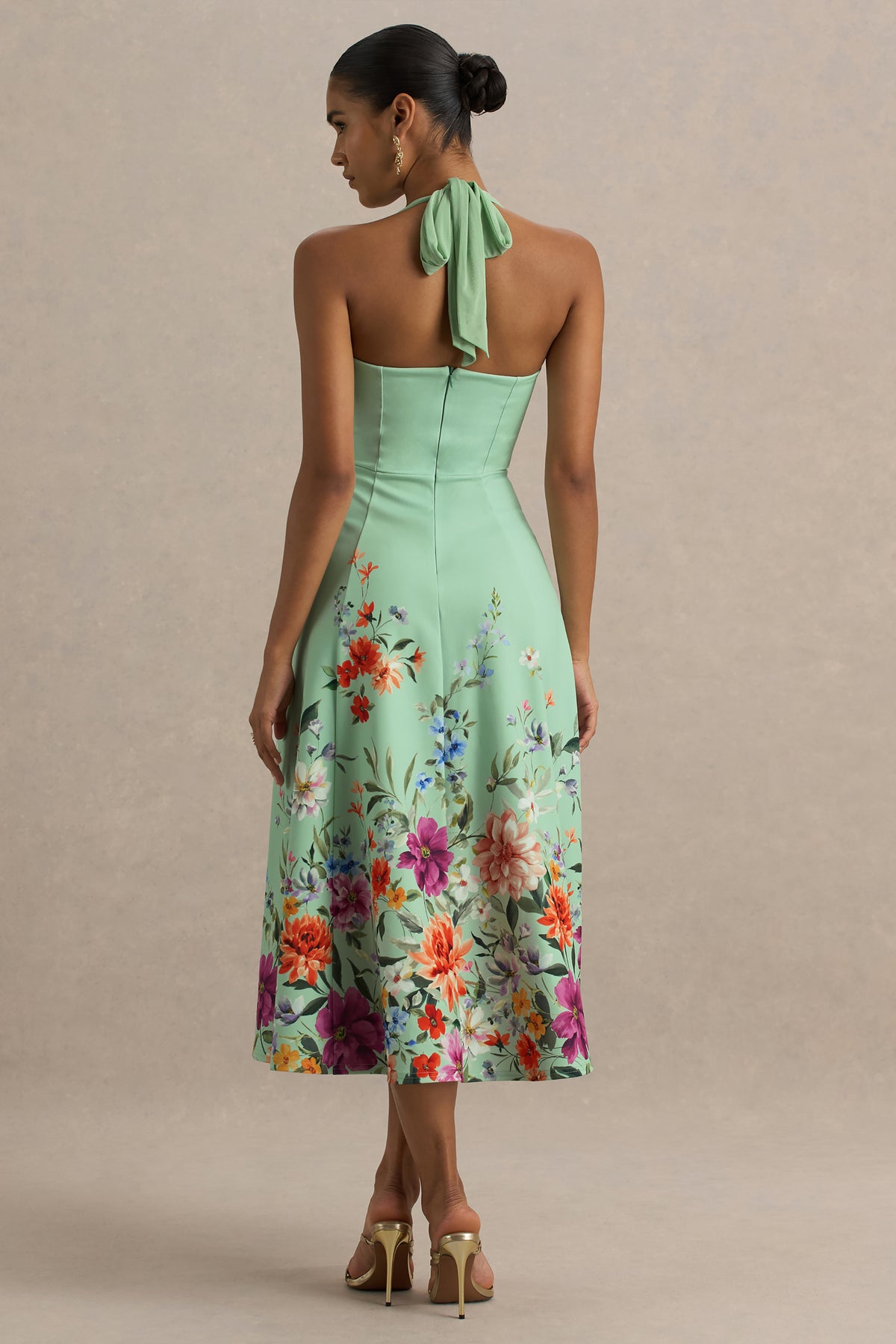 Auburn | Mint Placement Floral Halter-Neck Midi Dress - UK 6 GREEN Floral BORDER PRINT Auburn | Mint Placement Floral Halter-Neck Midi Dress - UK 6 GREEN Floral BORDER PRINT