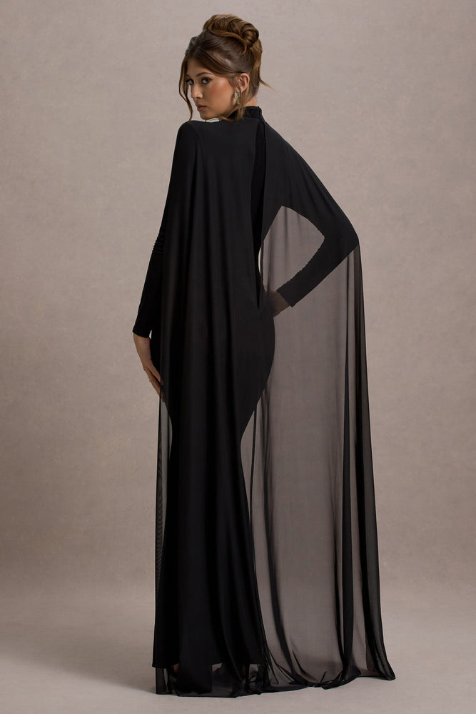 La Nuit Black High-Neck Long-Sleeve Maxi Dress With Cape – Club L London