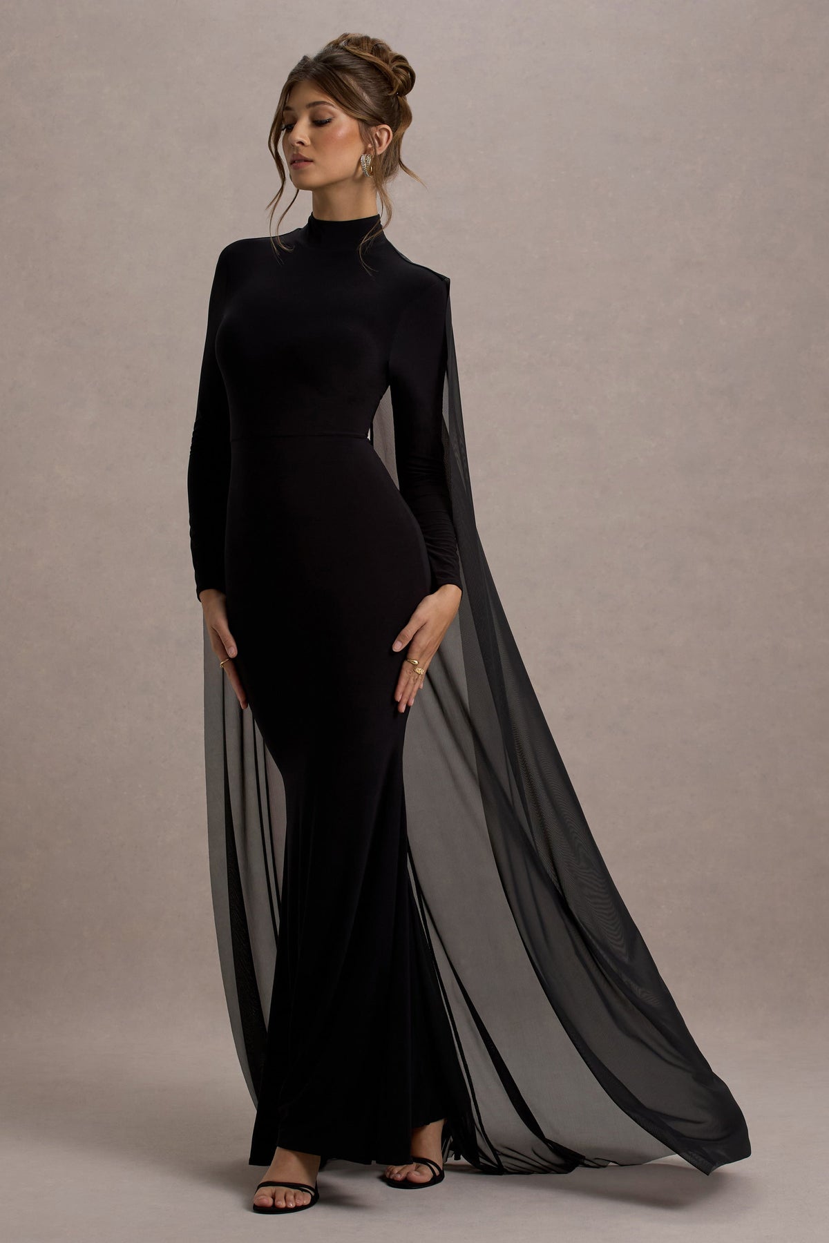 La Nuit Black High-Neck Long-Sleeve Maxi Dress With Cape Club L London - USA La Nuit Black High-Neck Long-Sleeve Maxi Dress With Cape Club L London - USA