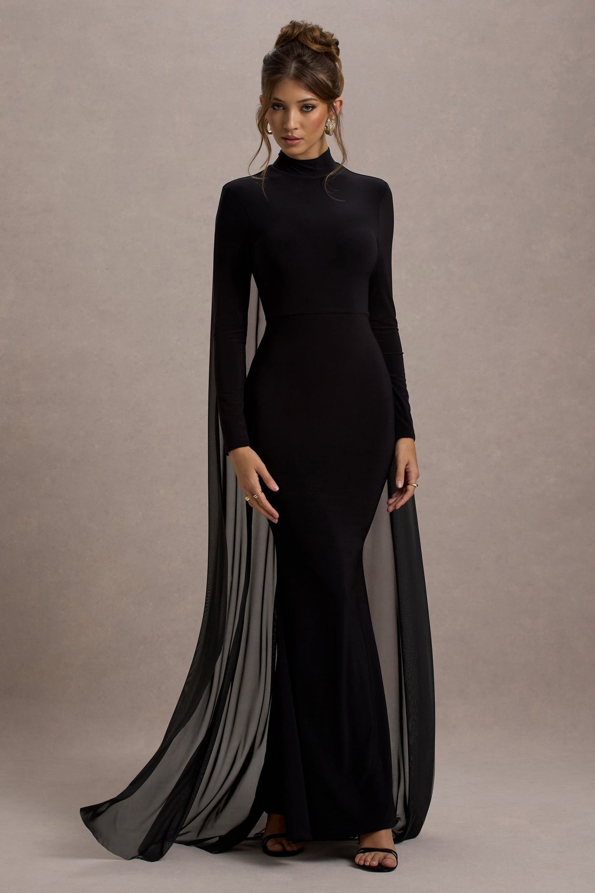 La Nuit Black High-Neck Long-Sleeve Maxi Dress With Cape Club L London - USA La Nuit Black High-Neck Long-Sleeve Maxi Dress With Cape Club L London - USA