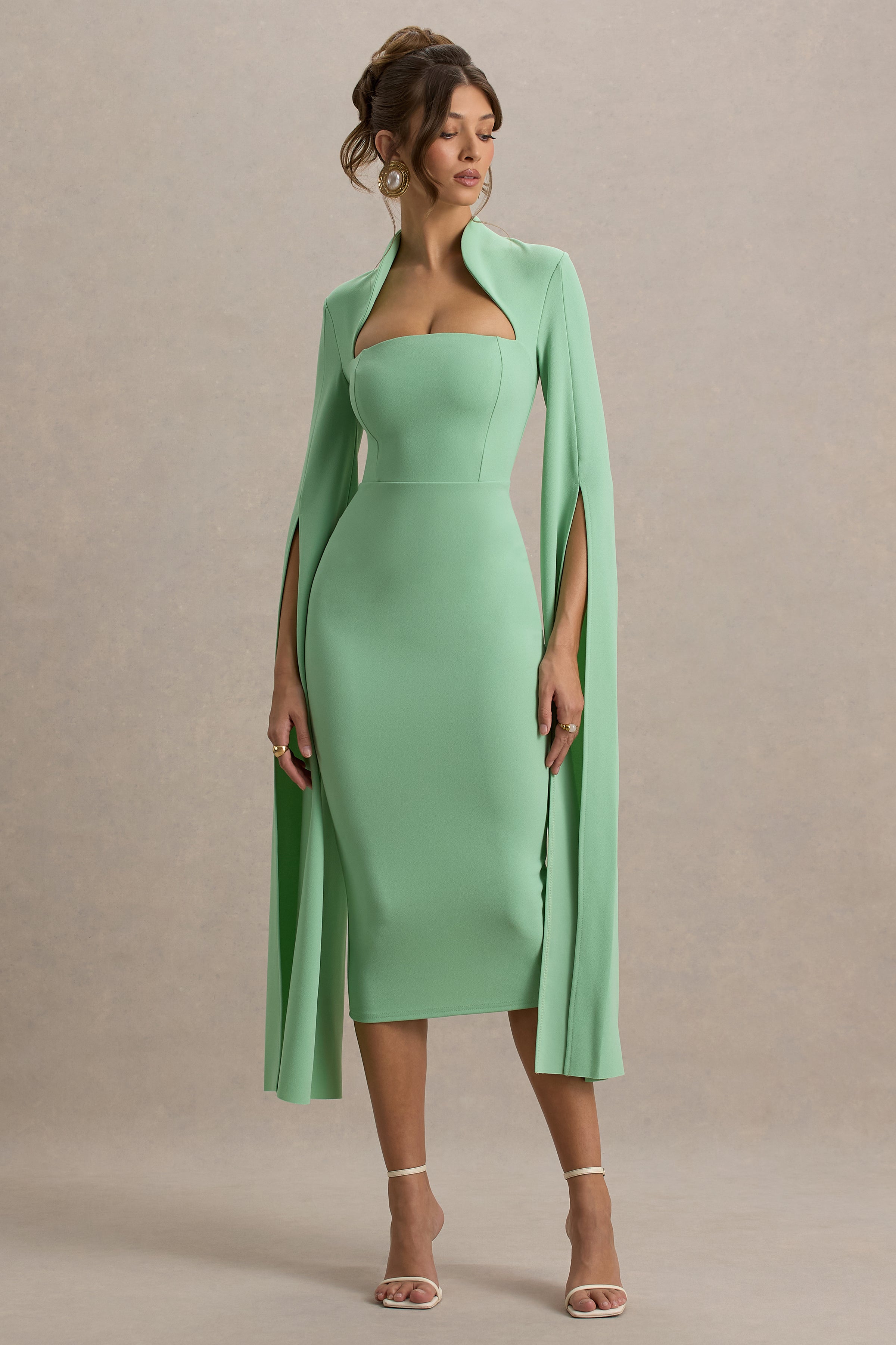 Linden | Light Green Bodycon Cape-Sleeve Midi Dress – Club L