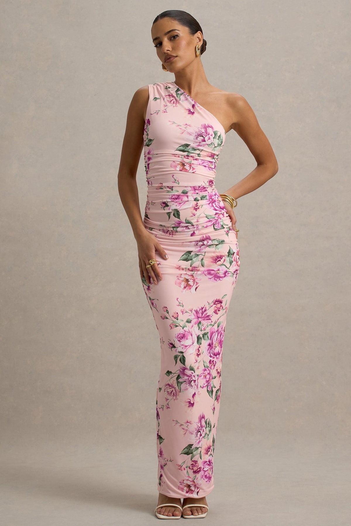flower one shoulder dress Dalarie | PINK Floral Print One-Shoulder Gathered Maxi Dress