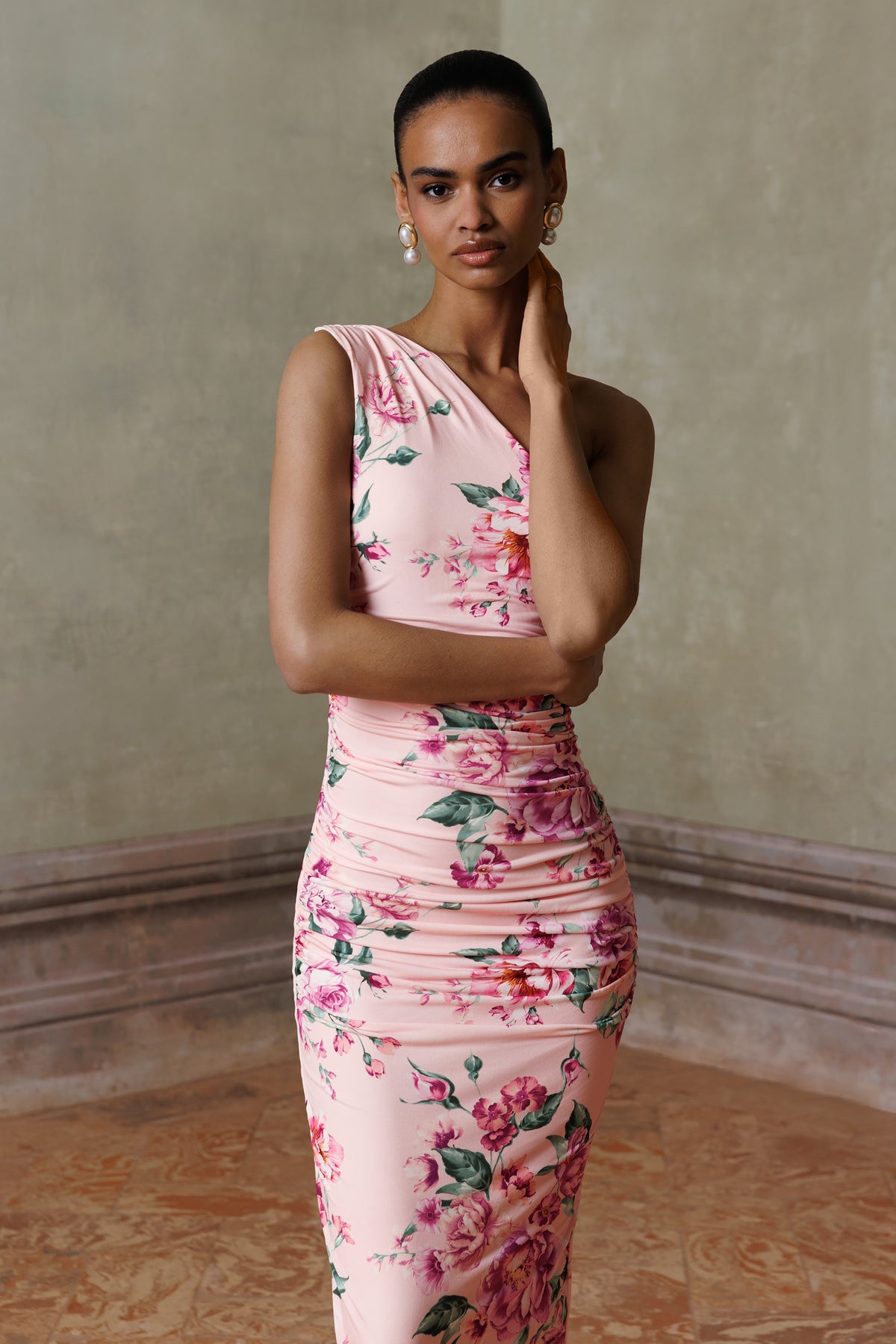 Dalarie Pink Floral Print One-Shoulder Gathered Maxi Dress Club L London - USA Dalarie Pink Floral Print One-Shoulder Gathered Maxi Dress Club L London - USA