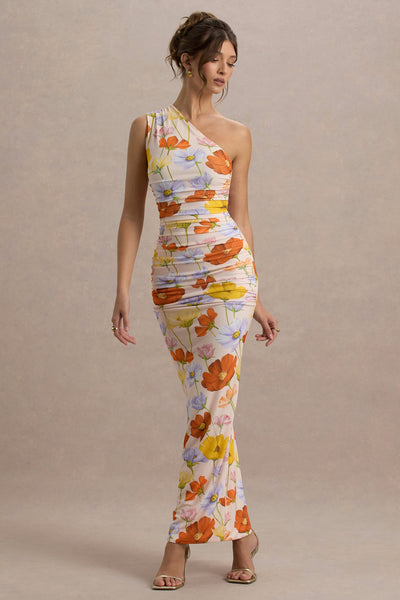 women one shoulder long dress medallion print Dalarie | Bright Floral One-Shoulder Gathered Maxi CL135374383 Length:Above Knee audience_men House Of Cb Spaghetti