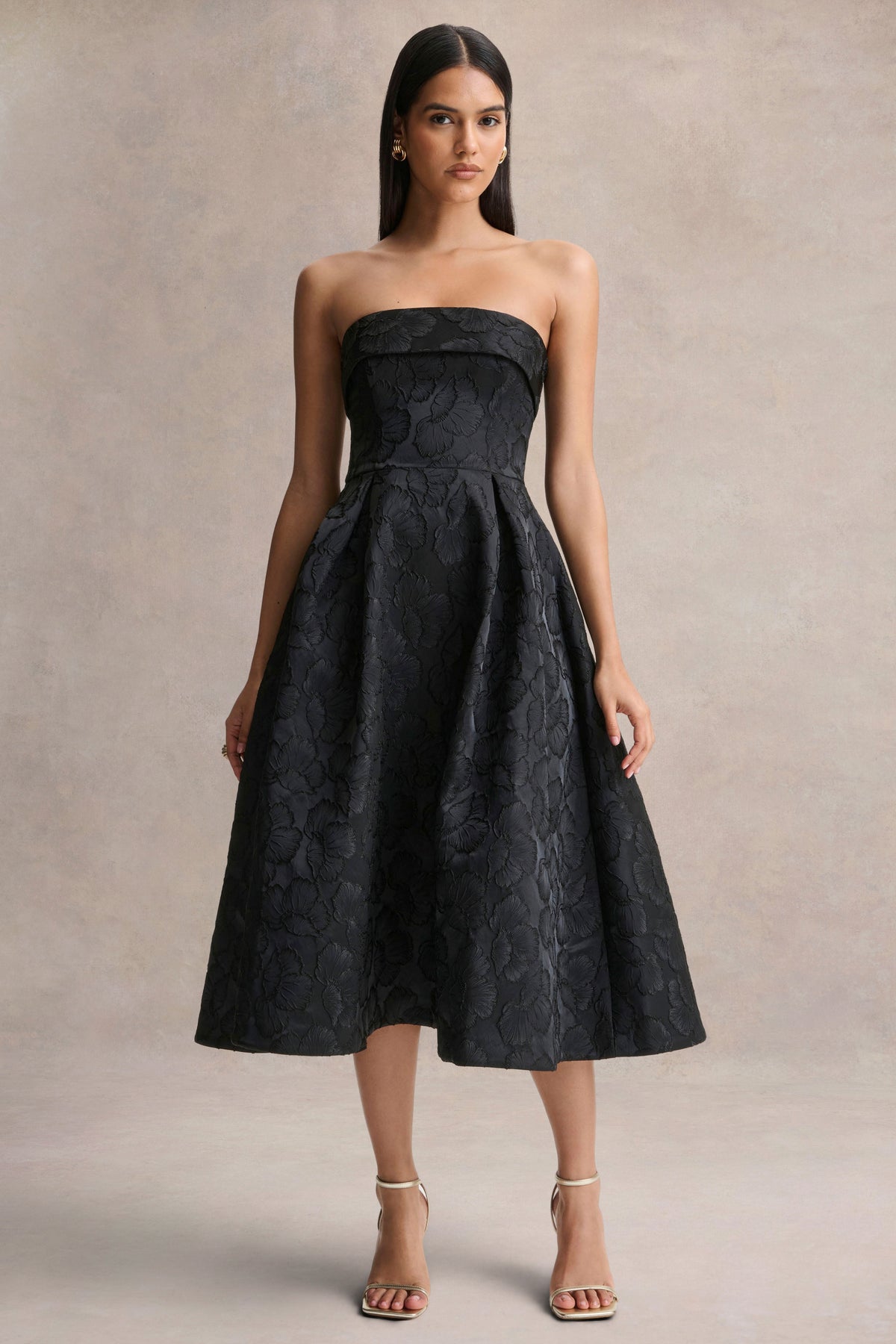 Zuma Black Metallic Jacquard Strapless Midi Dress Club L London - USA Zuma Black Metallic Jacquard Strapless Midi Dress Club L London - USA