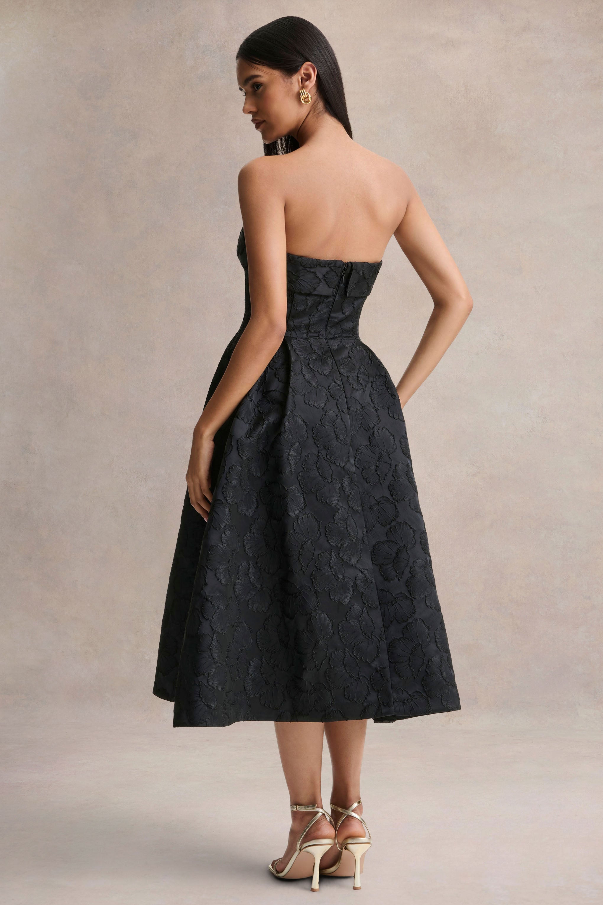 Zuma | Black Metallic Jacquard Strapless Midi Dress – Club L