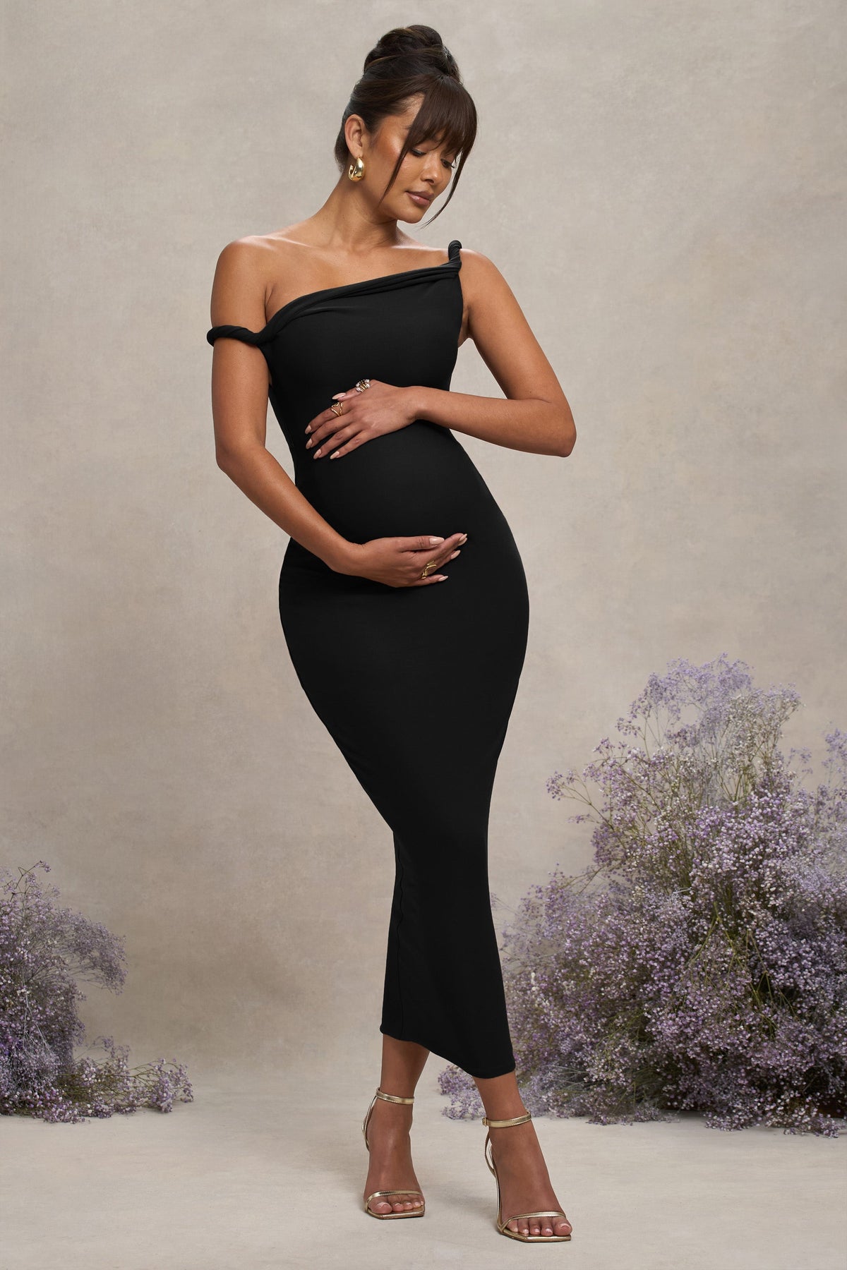 Salome Black Twisted Asymmetric Maternity Midi Dress Club L London - USA Salome Black Twisted Asymmetric Maternity Midi Dress Club L London - USA