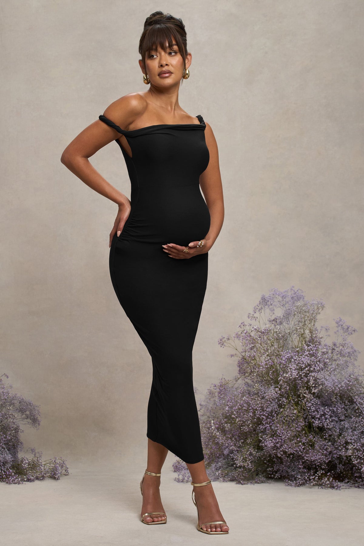 Salome | Black Twisted Asymmetric Maternity Midi Dress - UK 8 Black Salome | Black Twisted Asymmetric Maternity Midi Dress - UK 8 Black
