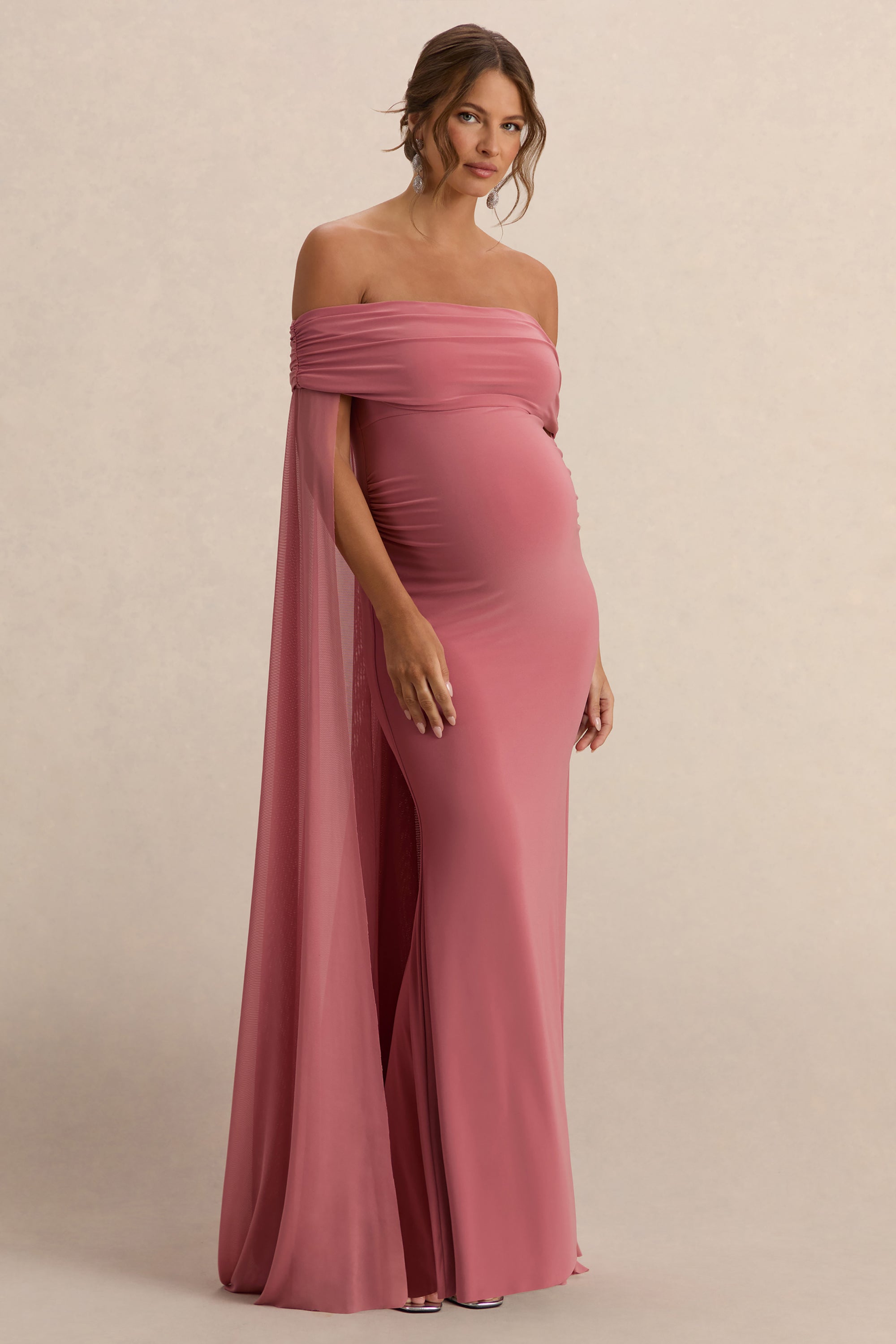 hot pink maternity dress Momyknows Pink Tulle Ruffle Swing V-neck Slit Photoshoot Plus Size Gown Maternity Maxi Dress, Pink / L