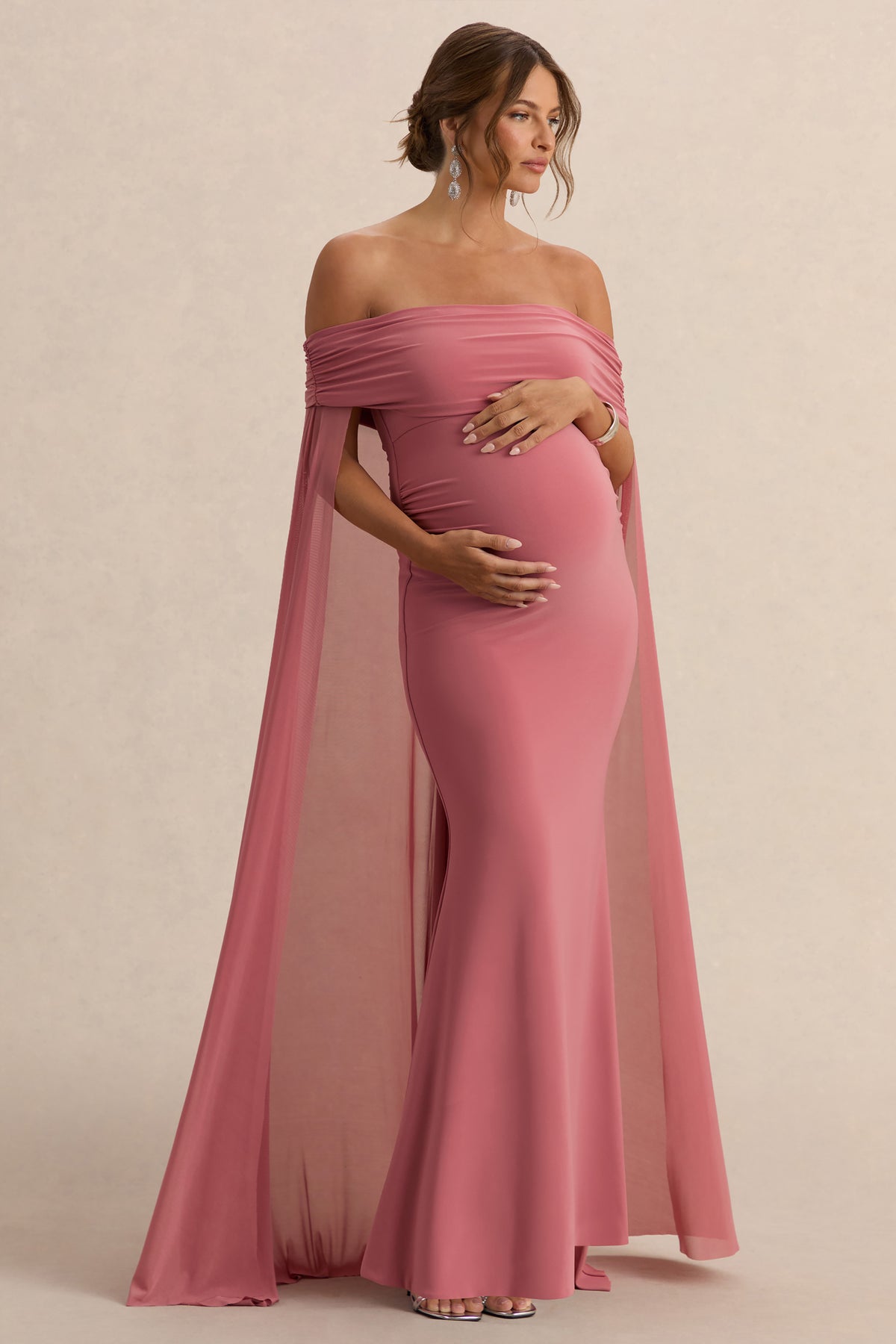 Carlotta | Blush Pink Bardot Maternity Maxi Dress With Chiffon Cape - UK 10 Blush Pink Carlotta | Blush Pink Bardot Maternity Maxi Dress With Chiffon Cape - UK 10 Blush Pink