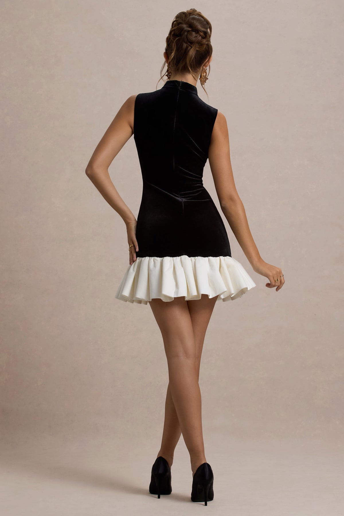 Baxter | Black & White Velvet Mini Dress With Satin Ruffle Trim - UK 6 Black AND White Baxter | Black & White Velvet Mini Dress With Satin Ruffle Trim - UK 6 Black AND White
