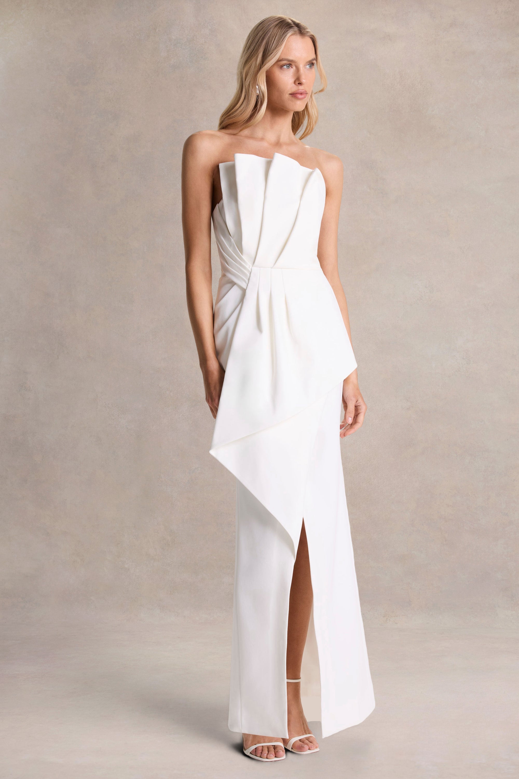 Dreamy Whispers | Cream Strapless Ruffle Split Maxi Dress – Club L London