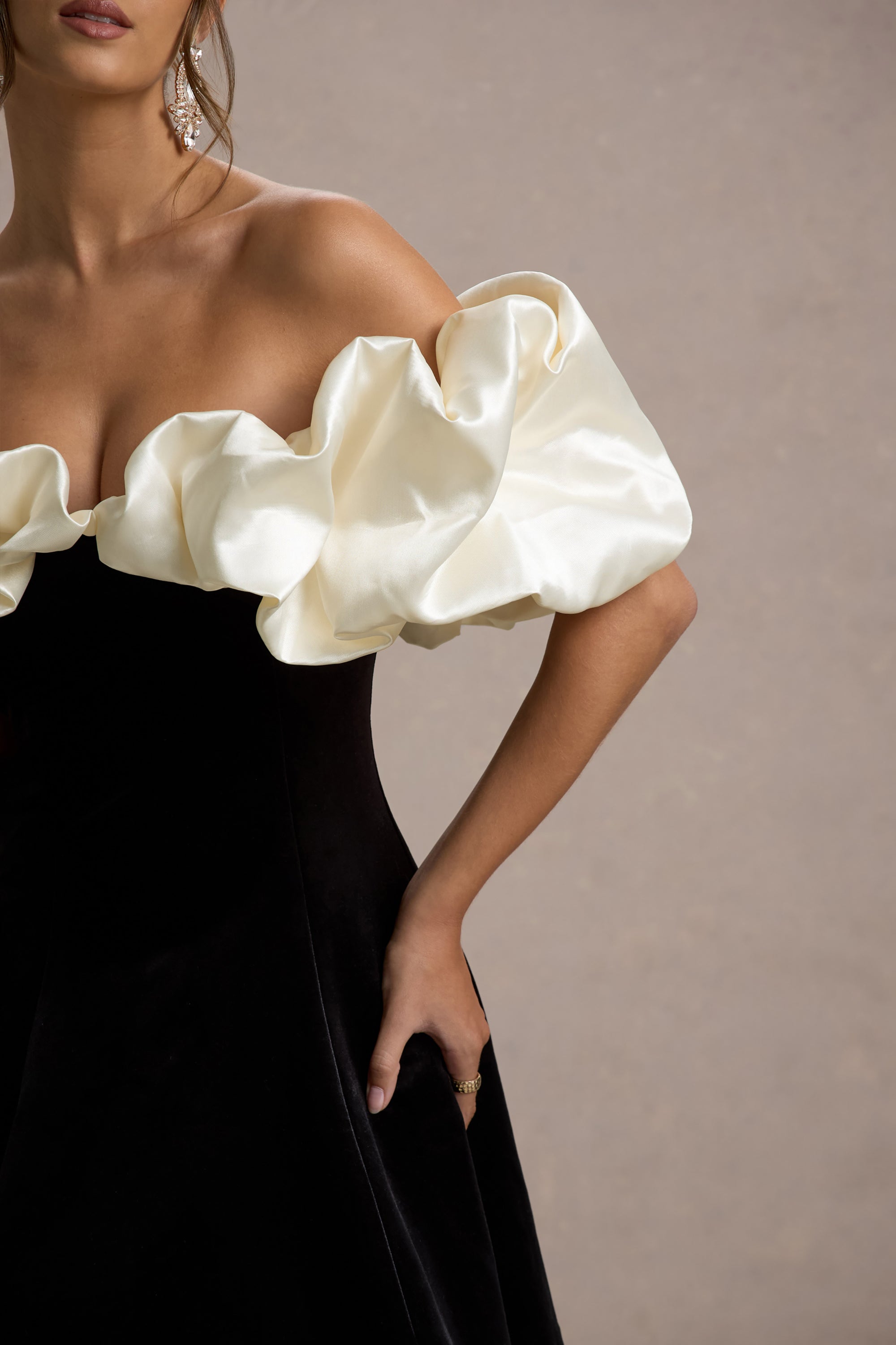 satin puff sleeve mini dress Brynne | Black & Cream Velvet Mini Dress With Satin Puff Sleeves