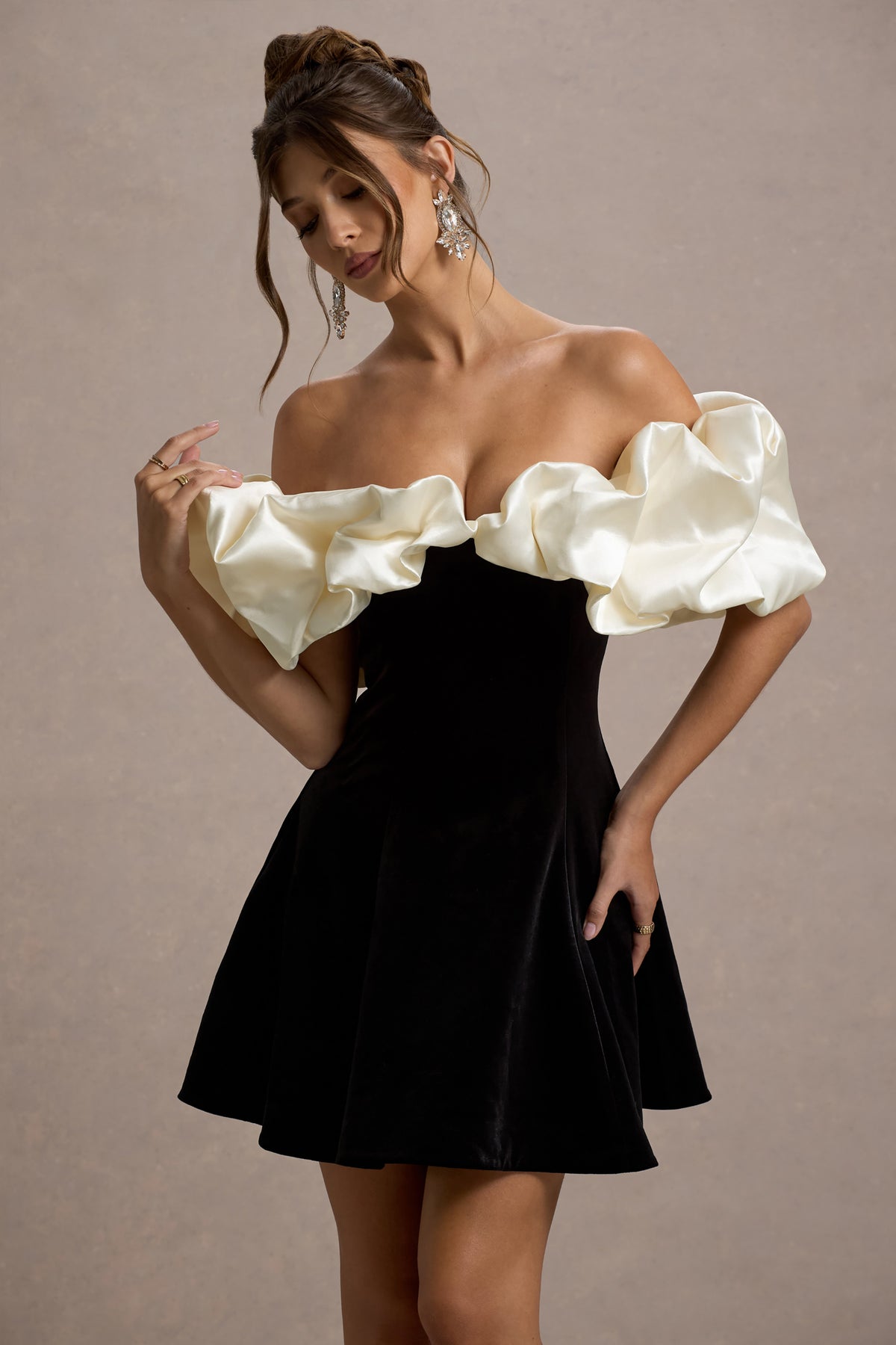 brynne mini dress Brynne | Black & Cream Velvet Mini Dress With Satin Puff Sleeves