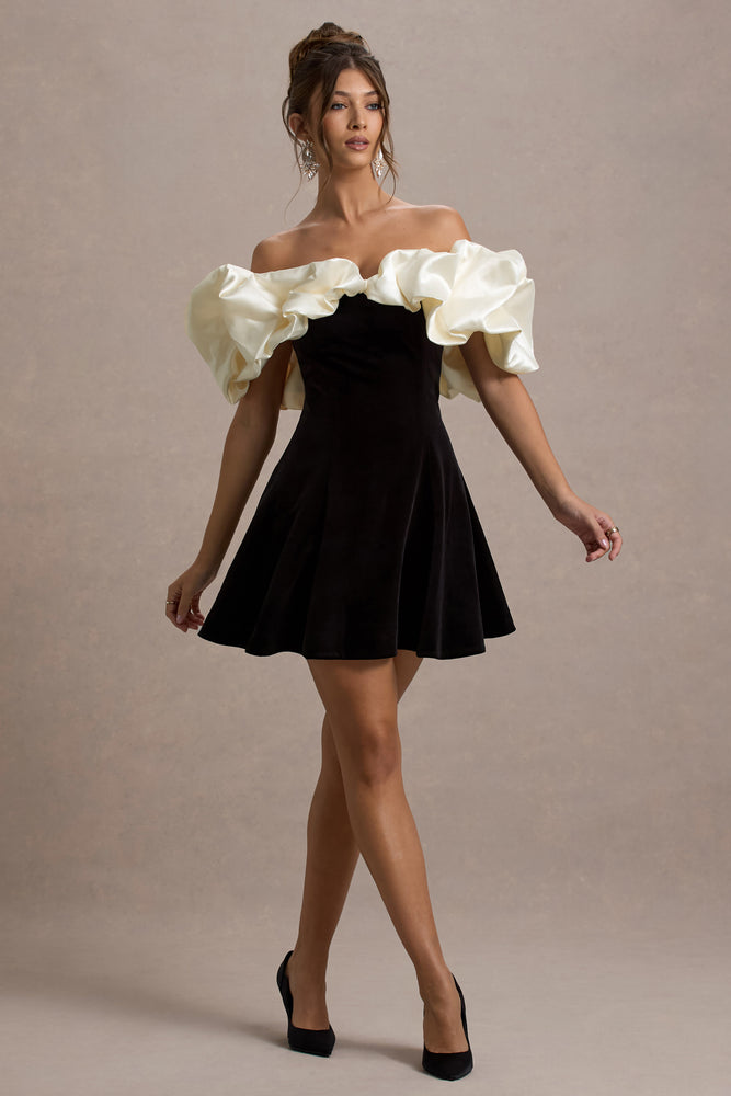 Brynne | Black & Cream Velvet Mini Dress with Satin Puff Sleeves