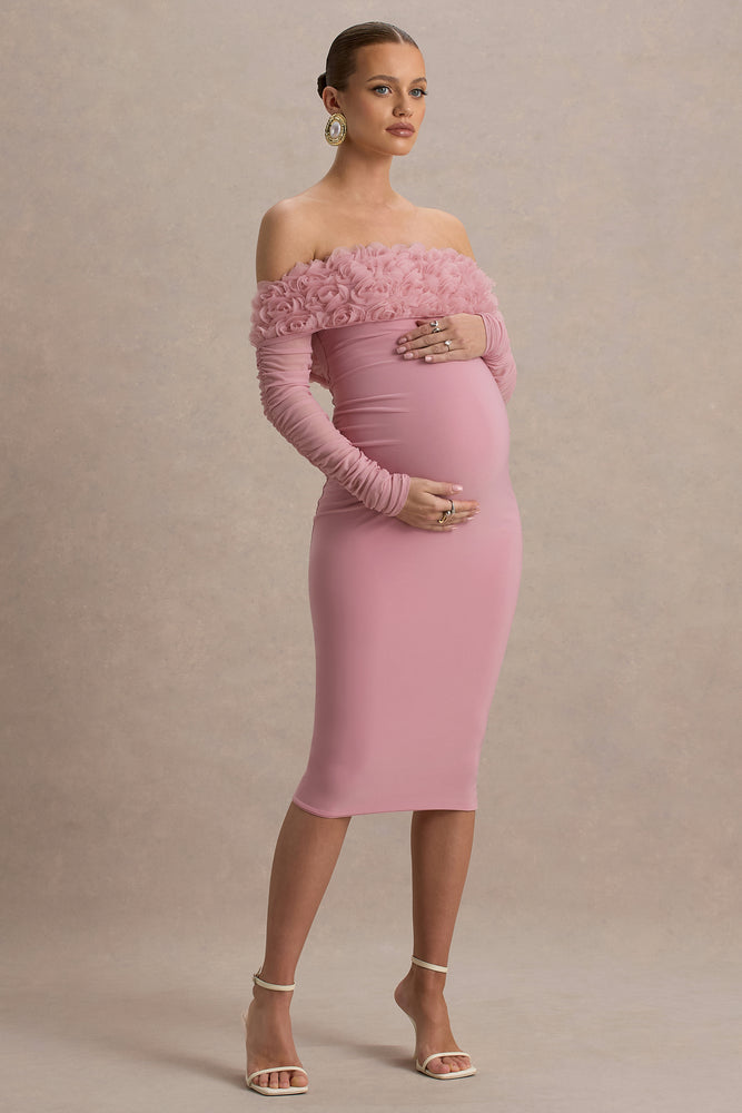 Adita | Blush Pink Mesh Floral Bardot Maternity Midi Dress - UK 10 Blush Pink Adita | Blush Pink Mesh Floral Bardot Maternity Midi Dress - UK 10 Blush Pink