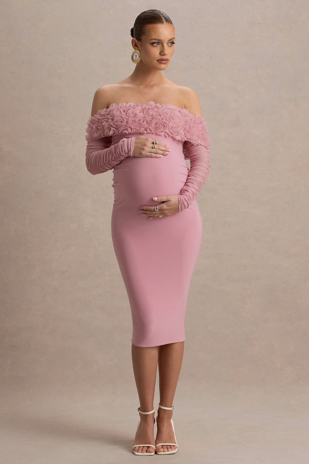 Adita | Blush Pink Mesh Floral Bardot Maternity Midi Dress - UK 10 Blush Pink Adita | Blush Pink Mesh Floral Bardot Maternity Midi Dress - UK 10 Blush Pink
