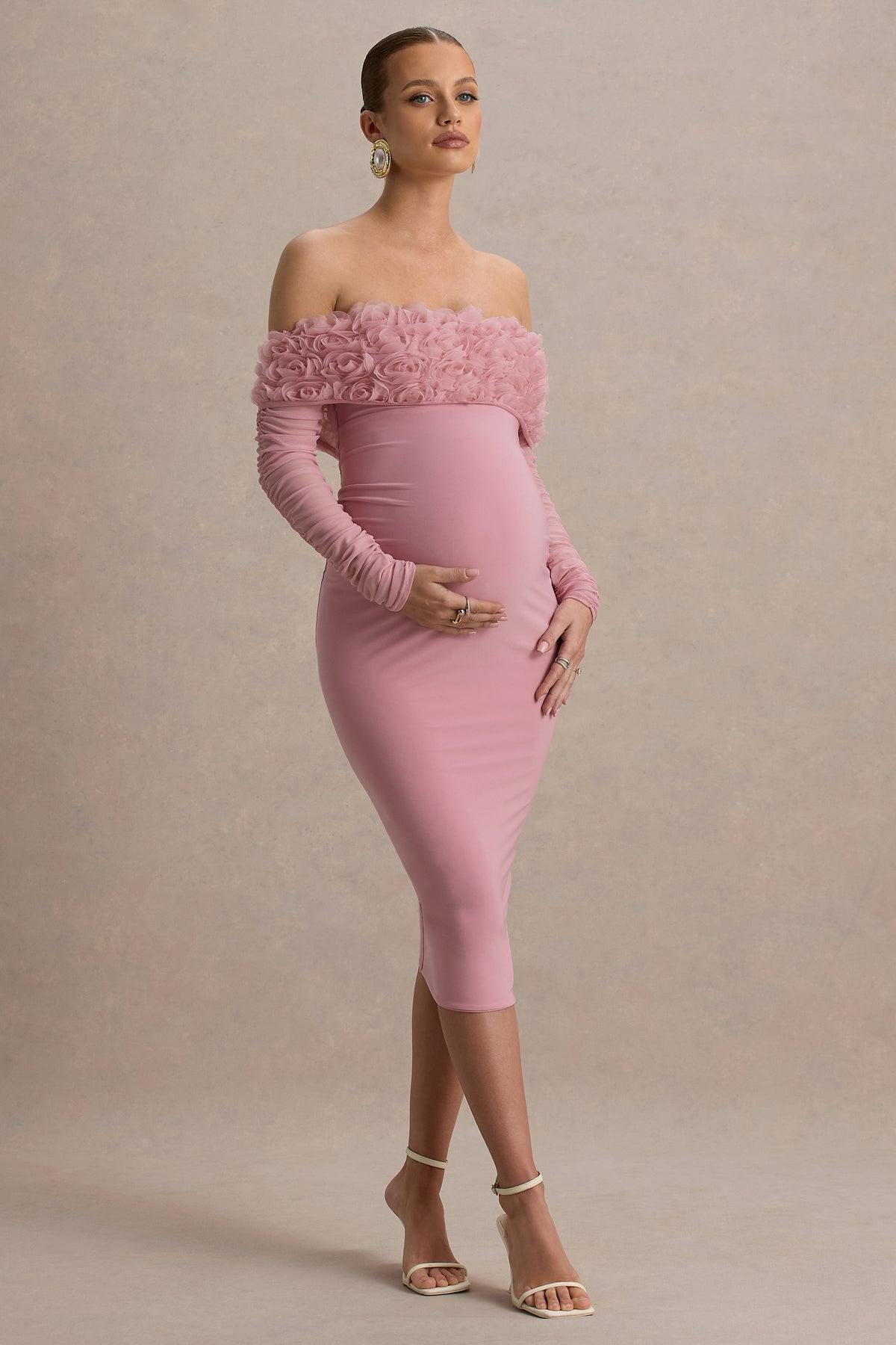Adita | Blush Pink Mesh Floral Bardot Maternity Midi Dress - UK 14 Blush Pink Adita | Blush Pink Mesh Floral Bardot Maternity Midi Dress - UK 14 Blush Pink