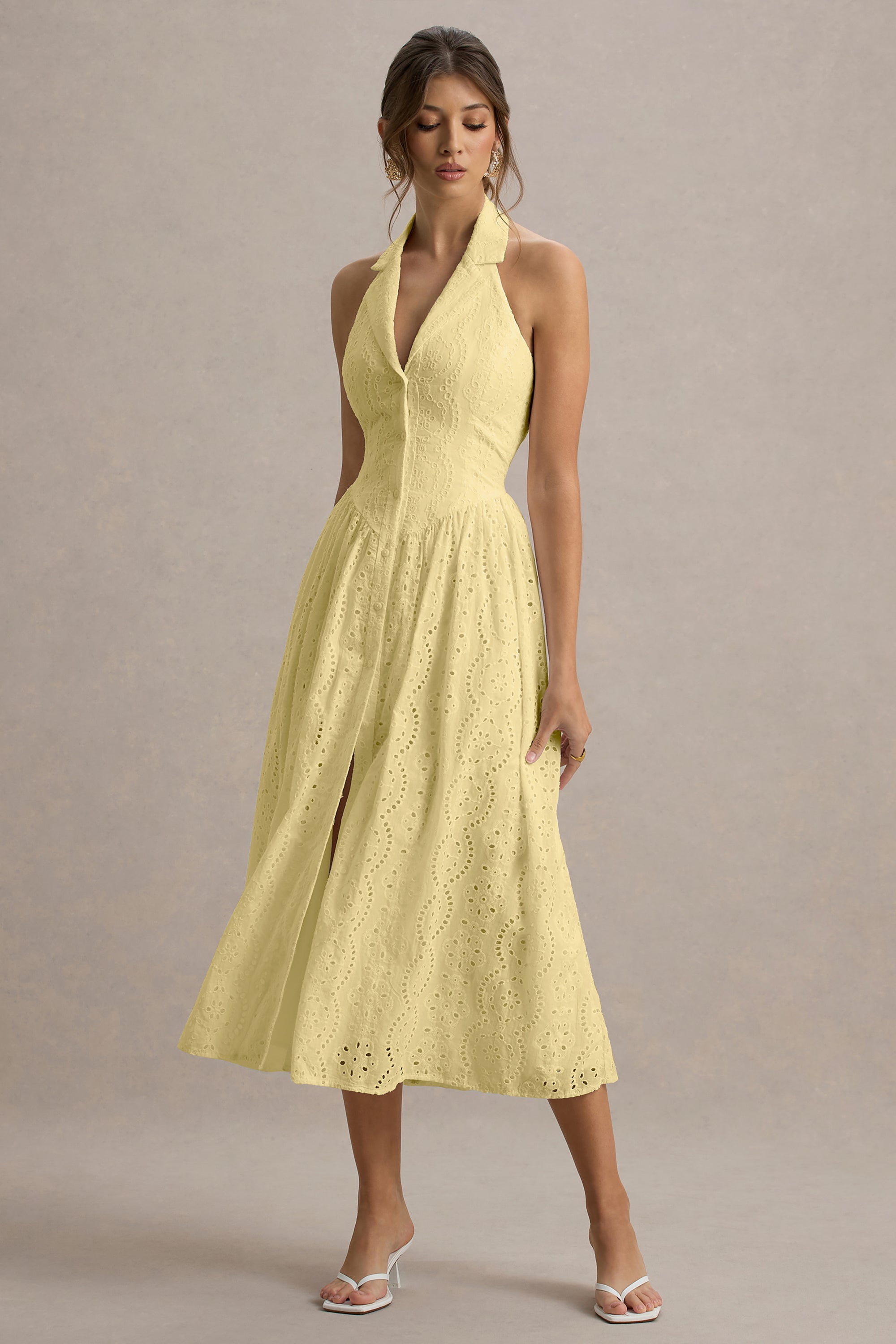 yellow lace midi dress Vibrant Yellow Lace Dress With Peplum Detail