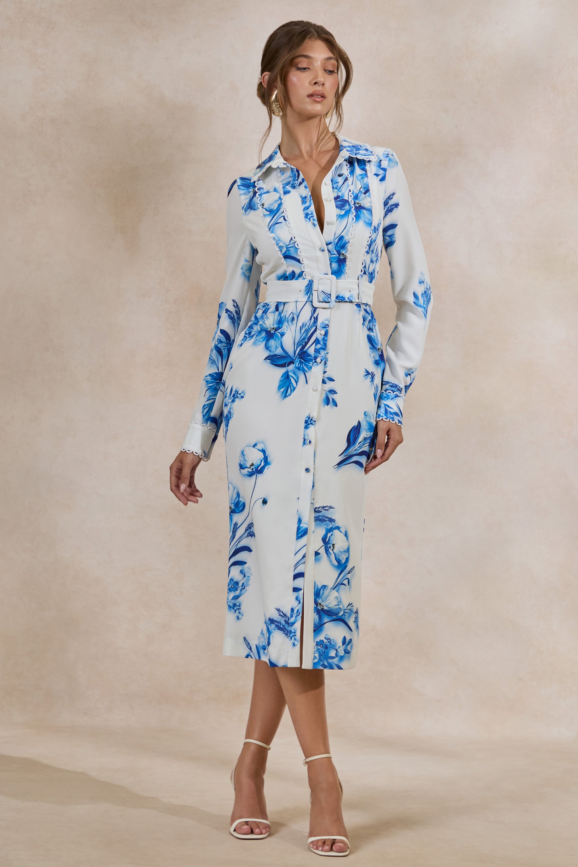 belted floral print midi dress Gold Floral Belted Midi Dress | Sleeveless Button-Front Dress