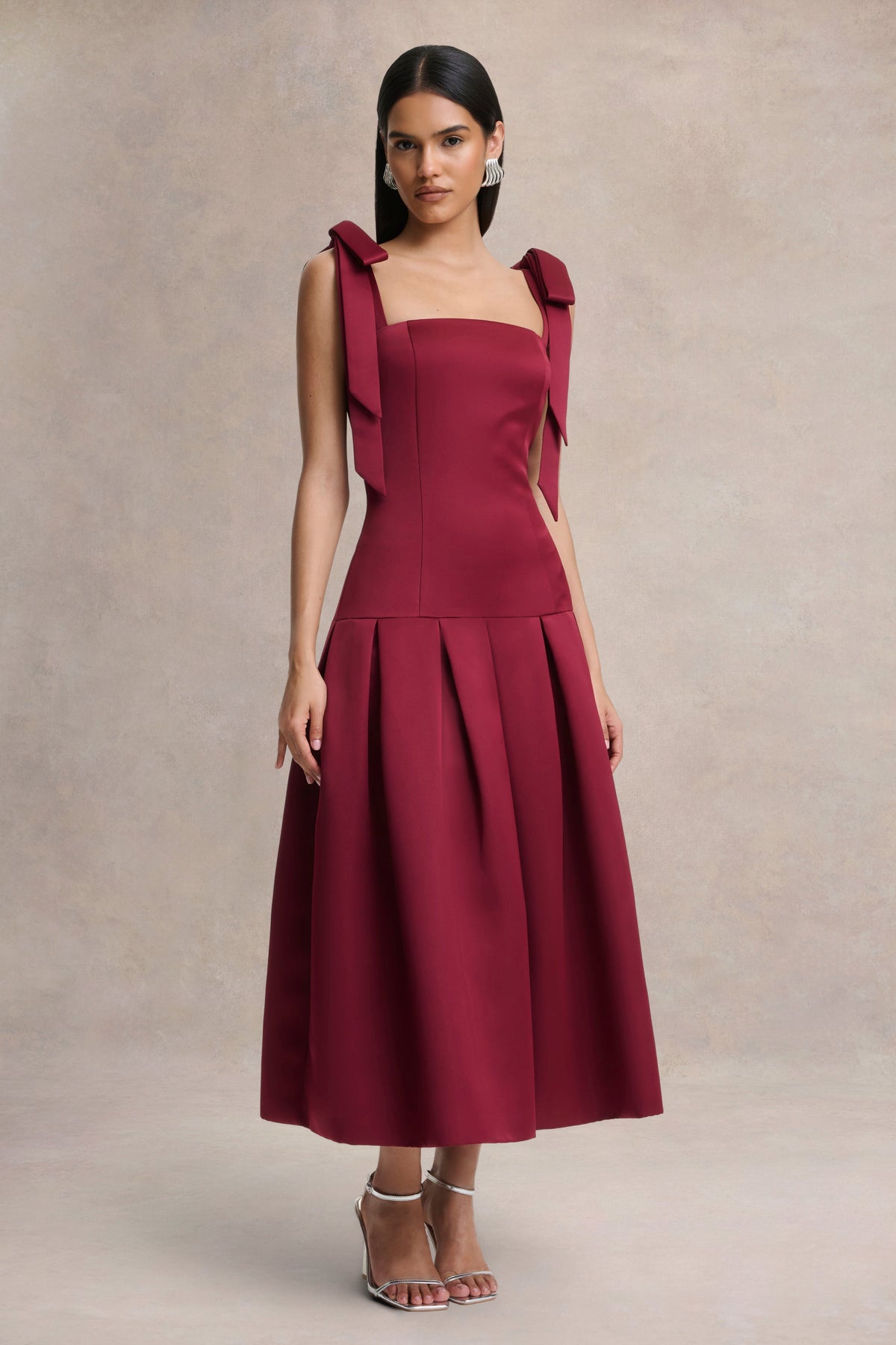 Alberta | Burgundy Satin Square-Neck Midi Dress With Bow Straps - UK 10 Burgundy Alberta | Burgundy Satin Square-Neck Midi Dress With Bow Straps - UK 10 Burgundy