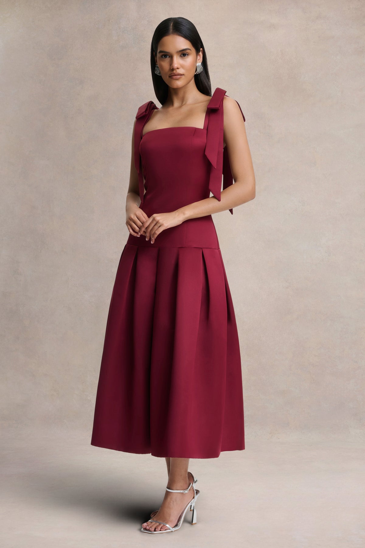 Alberta Burgundy Satin Square-Neck Midi Dress With Bow Straps Club L London - USA Alberta Burgundy Satin Square-Neck Midi Dress With Bow Straps Club L London - USA