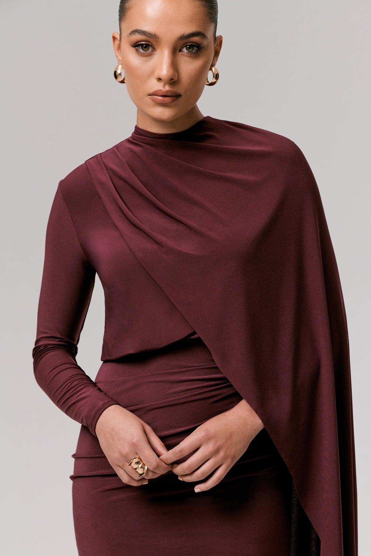 long sleeve burgundy mini dress Celeste | Burgundy Long-Sleeve Mini Dress With Cape Sleeve