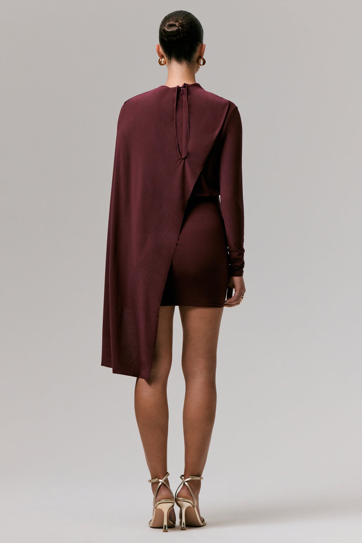 Celeste | Burgundy Long-Sleeve Mini Dress With Cape Sleeve - UK 14 TAWNY PORT Celeste | Burgundy Long-Sleeve Mini Dress With Cape Sleeve - UK 14 TAWNY PORT