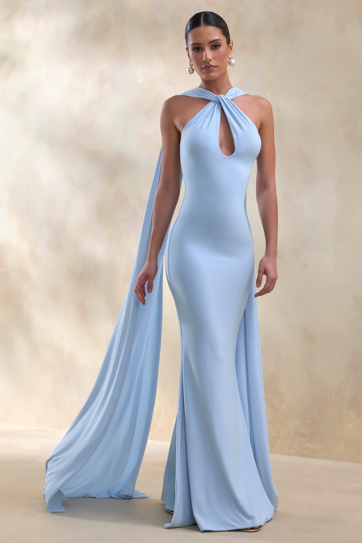 Rhoda Powder Blue Twist Halter-Neck Cape Maxi Dress Club L London - USA Rhoda Powder Blue Twist Halter-Neck Cape Maxi Dress Club L London - USA