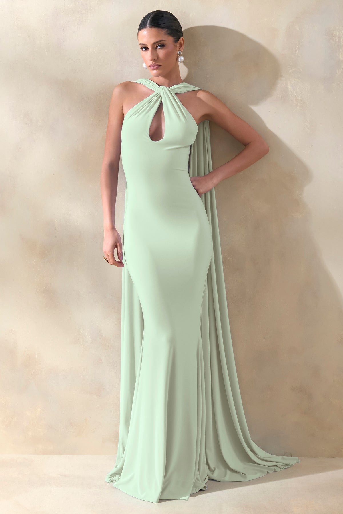 hount maxi dress Rhoda | MINT Twist Halter-Neck Cape Maxi Dress