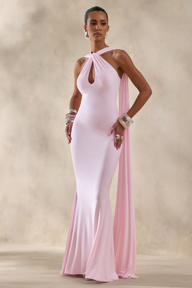 Rhoda Light Pink Twist Halter-Neck Cape Maxi Dress – Club L London Rhoda Light Pink Twist Halter-Neck Cape Maxi Dress – Club L London