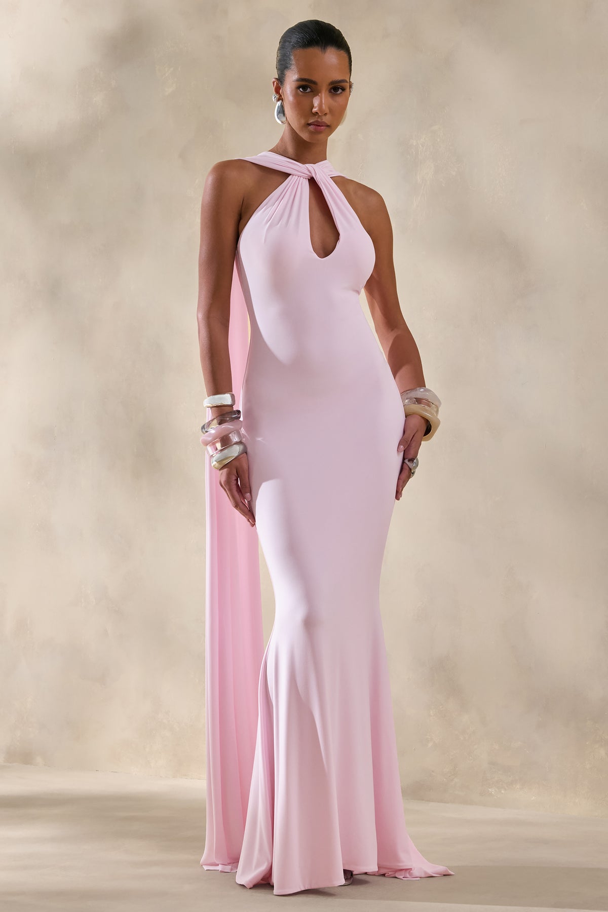 Rhoda Light Pink Twist Halter-Neck Cape Maxi Dress Club L London - USA Rhoda Light Pink Twist Halter-Neck Cape Maxi Dress Club L London - USA