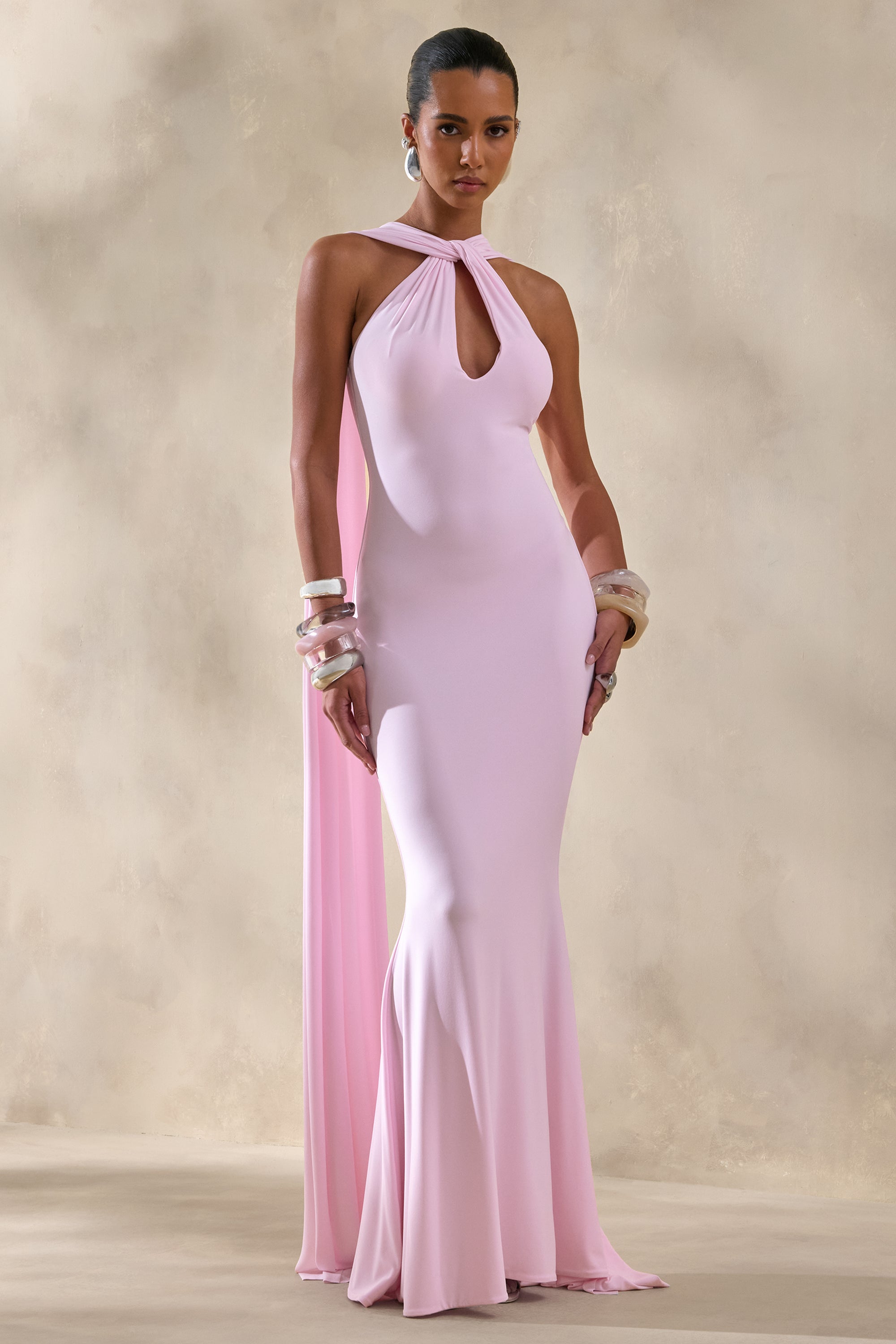 Rhoda | Light PINK Twist Halter-Neck Cape Maxi Dress