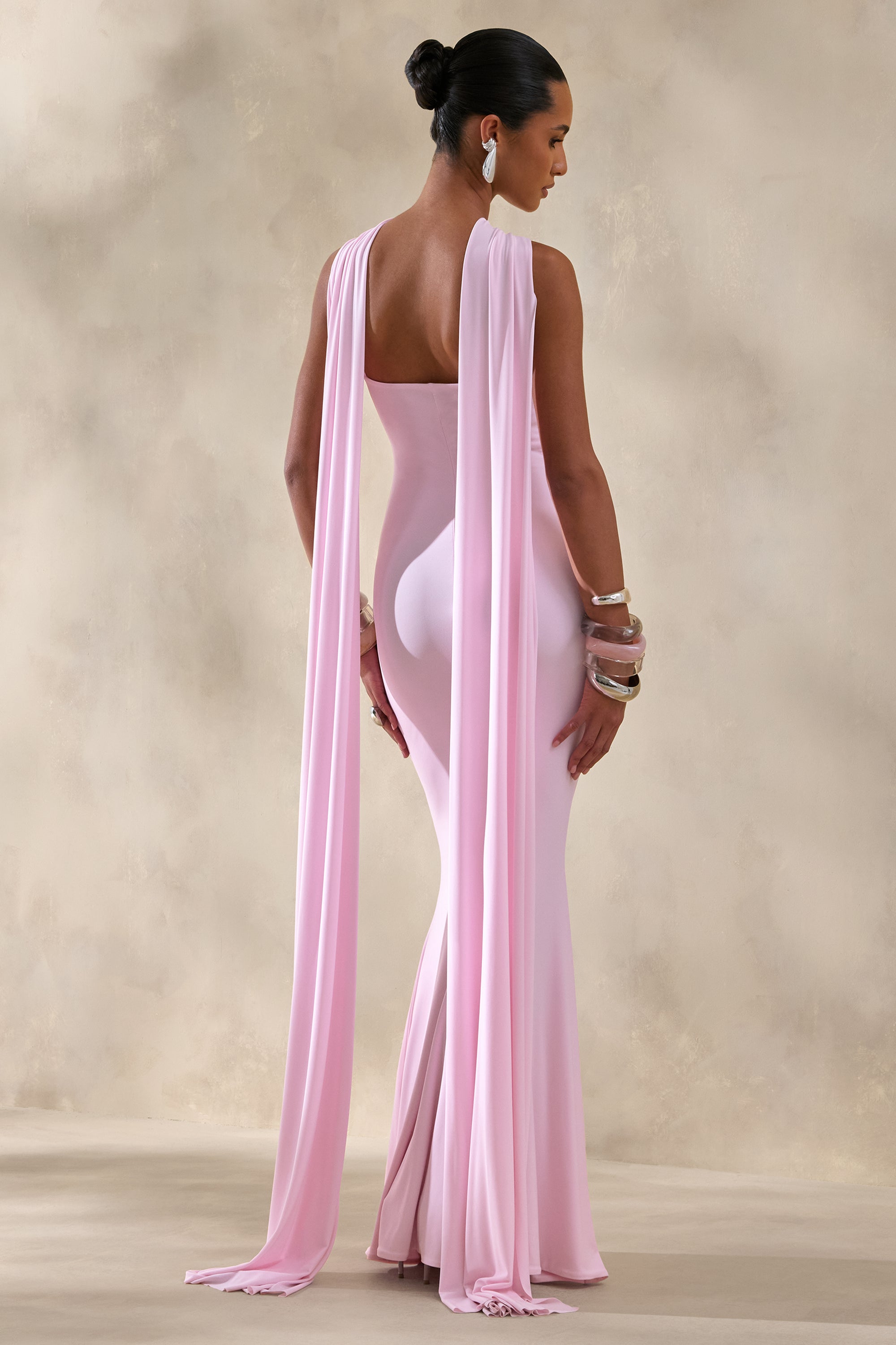 Rhoda | Light PINK Twist Halter-Neck Cape Maxi Dress
