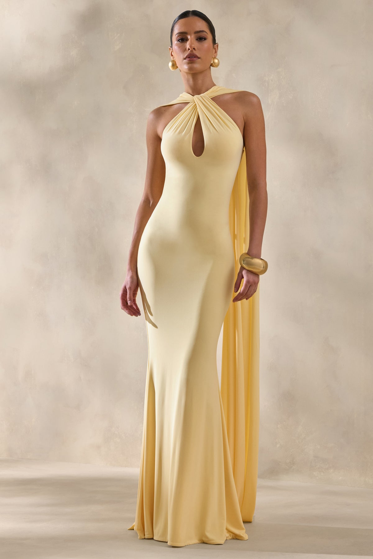 Rhoda Lemon Twist Halter-Neck Cape Maxi Dress Club L London - USA Rhoda Lemon Twist Halter-Neck Cape Maxi Dress Club L London - USA