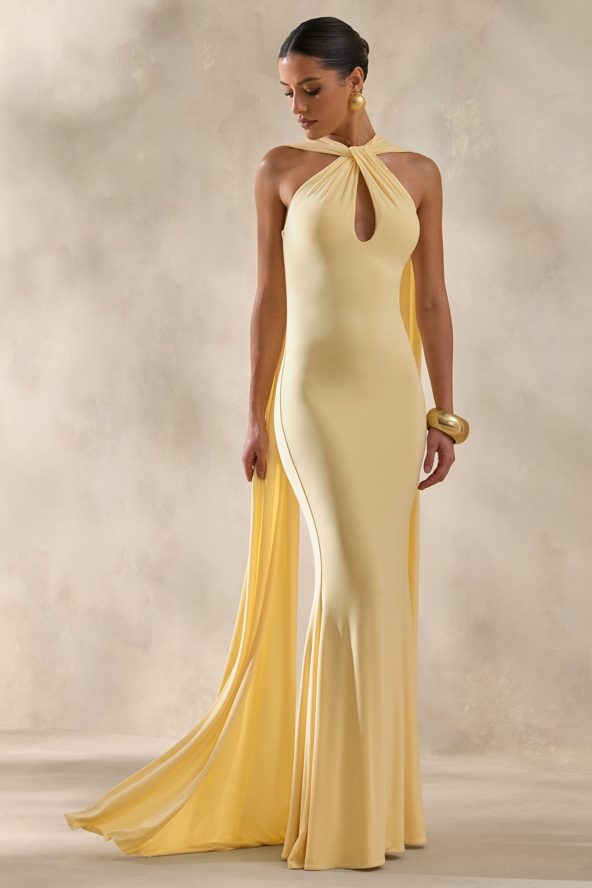 Rhoda | Lemon Twist Halter-Neck Cape Maxi Dress - UK 16 Lemon Rhoda | Lemon Twist Halter-Neck Cape Maxi Dress - UK 16 Lemon