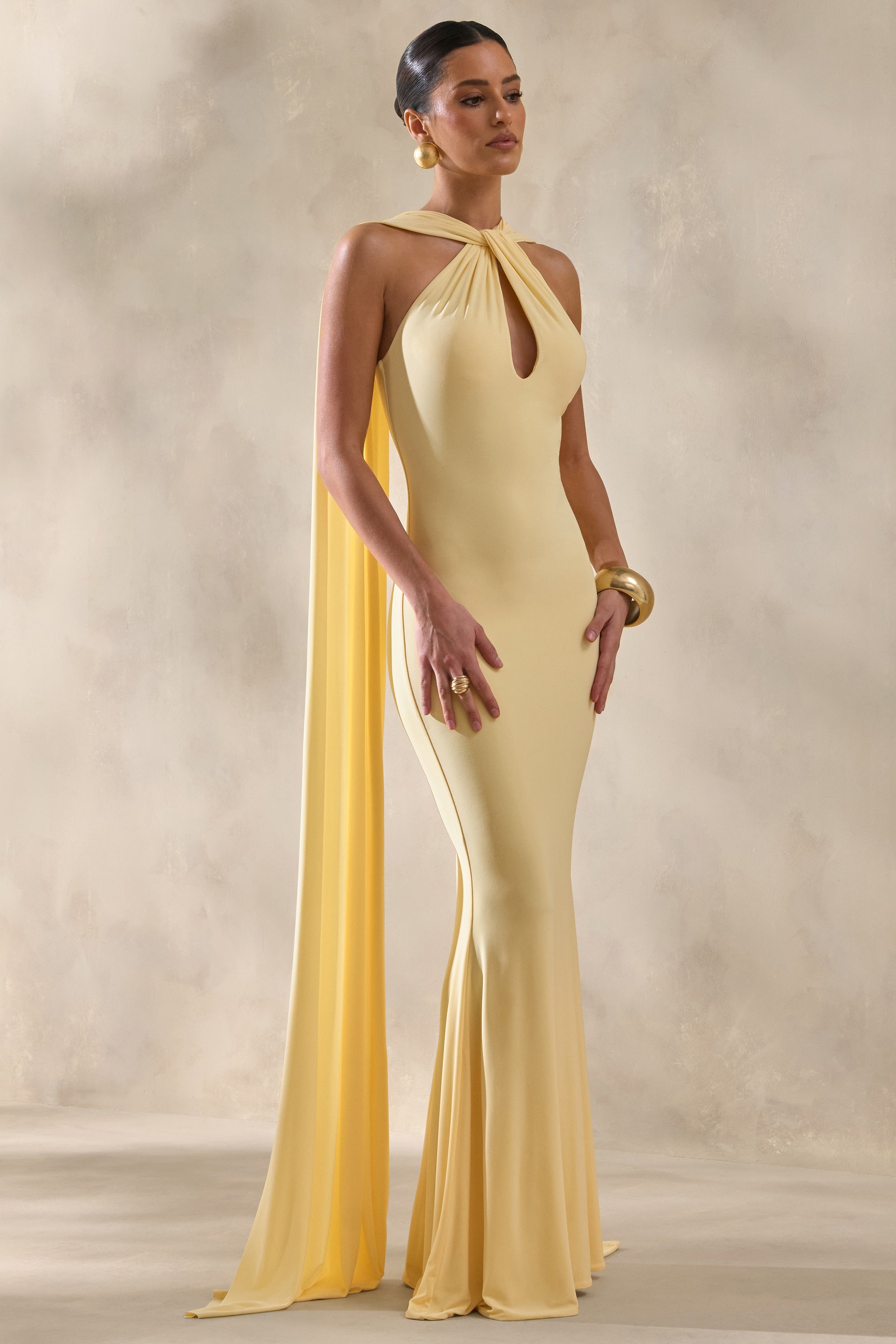Rhoda | Lemon Twist Halter-Neck Cape Maxi Dress – Club L London