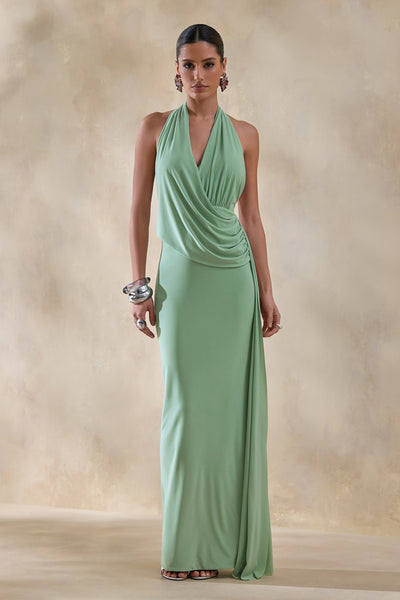 Rosina Sage Halter-Neck Draped Maxi Dress With Sash – Club L London