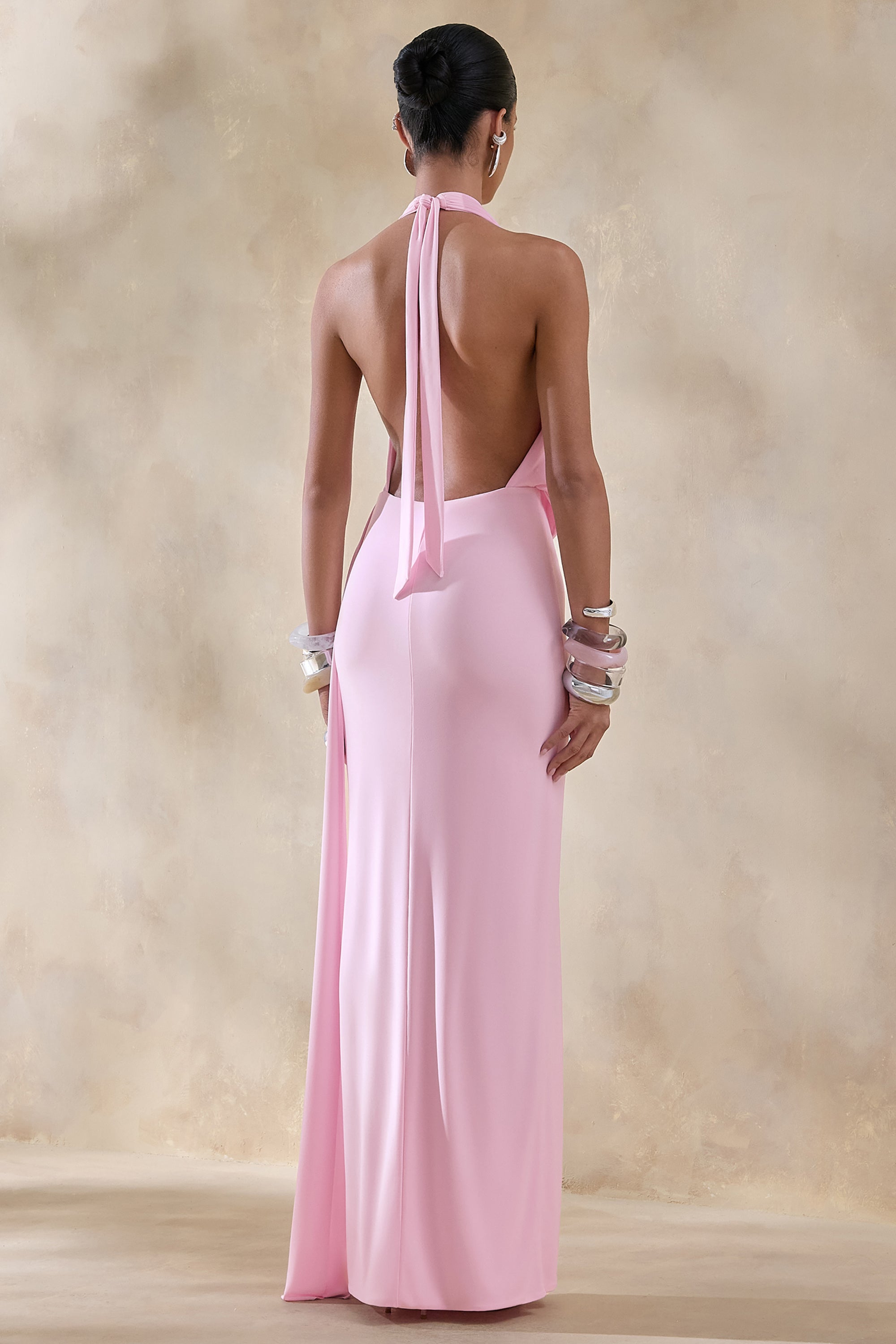 dusty pink jacquard halter neck cowl maxi dress Esther Iridescent Satin Cowl Maxi Dress / Pale Pink | MESHKI